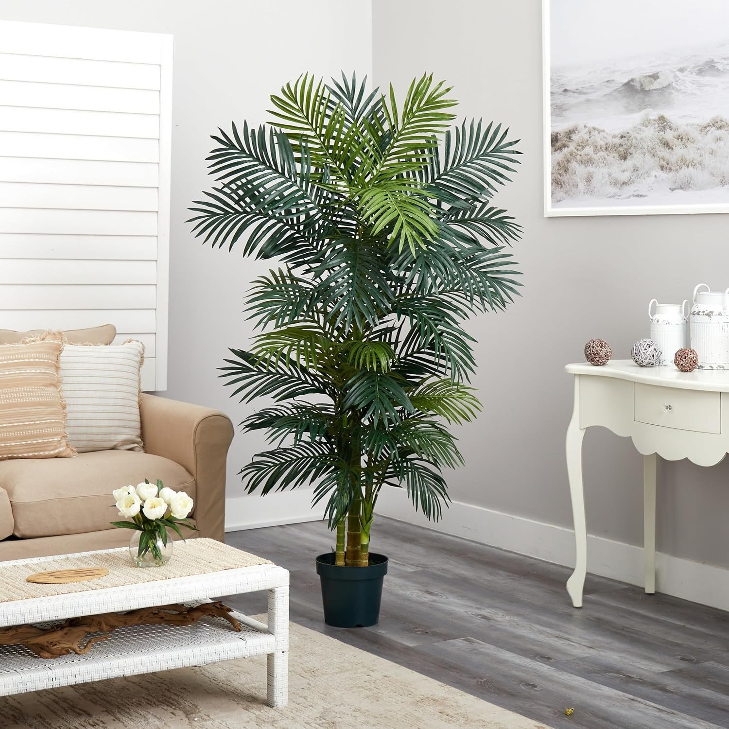 6.5 ft Lifelike Golden Cane Palm Tree in Black Nursery Pot for Indoor Elegance