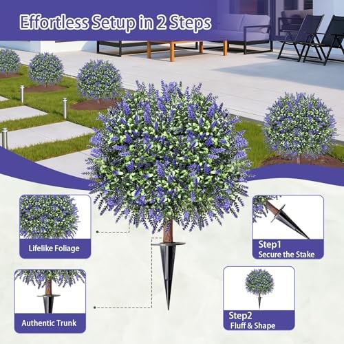 Artificial Topiary Ball Trees, Set of 2 UV Resistant 2 ft (18″ Ball) Lavender
