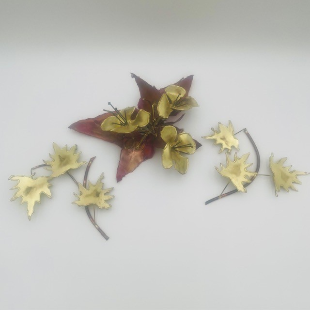 Vintage Gold Red Flowers & Leaves Copper Brass Metal Sculptures – 3 Pcs