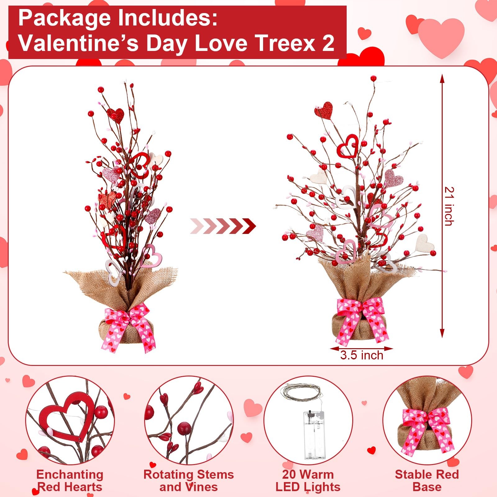 2 PCS Prelit Lighted Valentines Day Tree 21 Inch Tabletop Heart Ornament