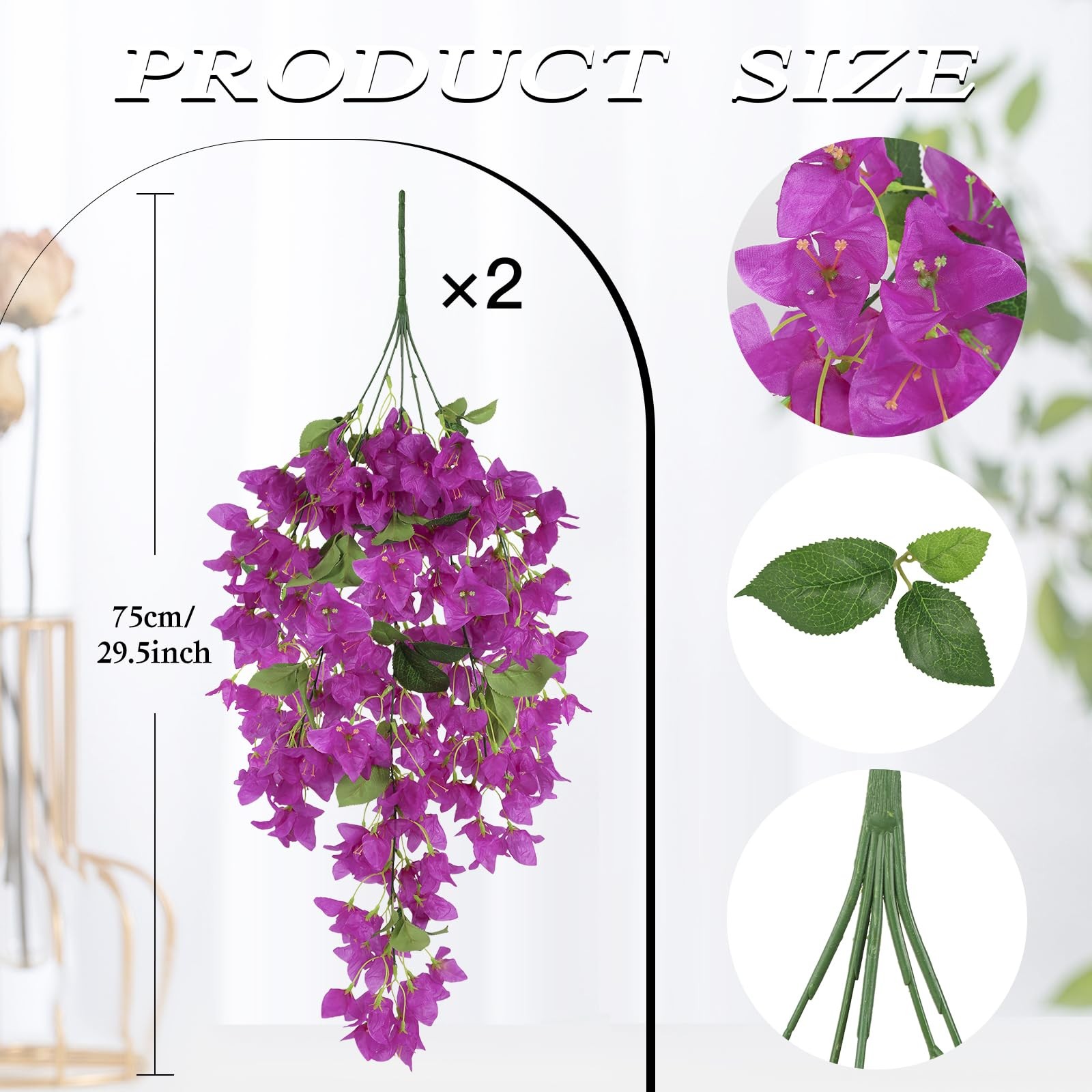 2Pcs Artificial Bougainvillea Hanging Flowers for Outdoor, 30in Silk Faux Pla…
