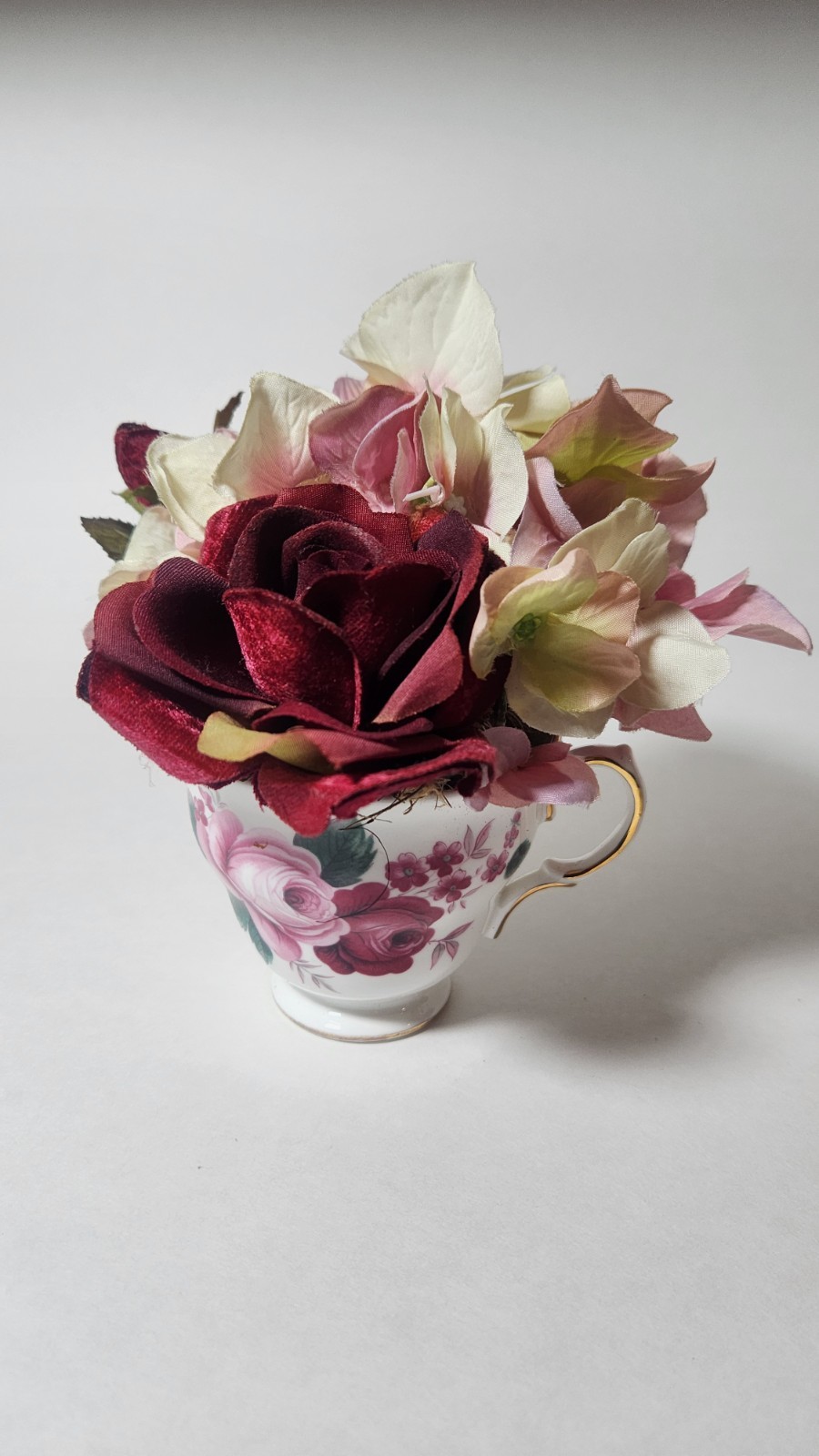 Queen Anne Bone China Artificial Flower Arrangement Teacup Rose Hydrangea