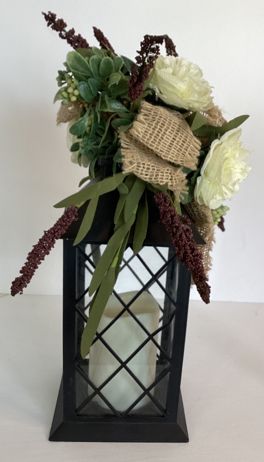 Multi Color Light Lantern with Flowers and Burlap Indoor Outdoor Decor 14.4″
