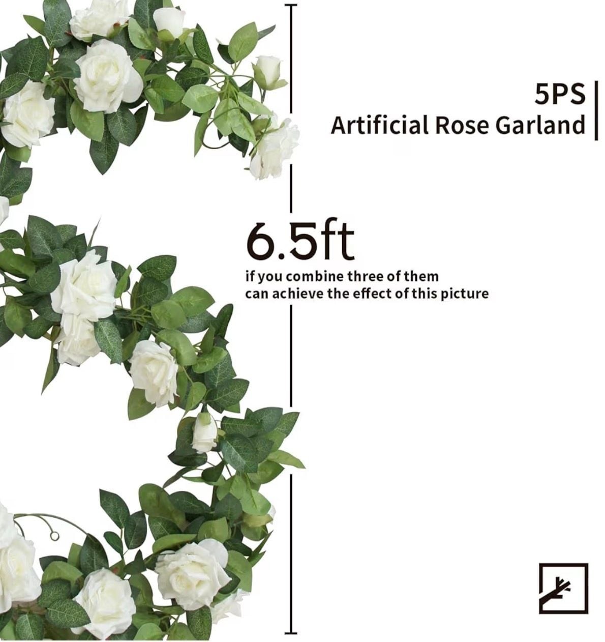 5-Pack Artificial White Rose Garland 32.5ft – Hanging Silk Flower Vines for Wedd
