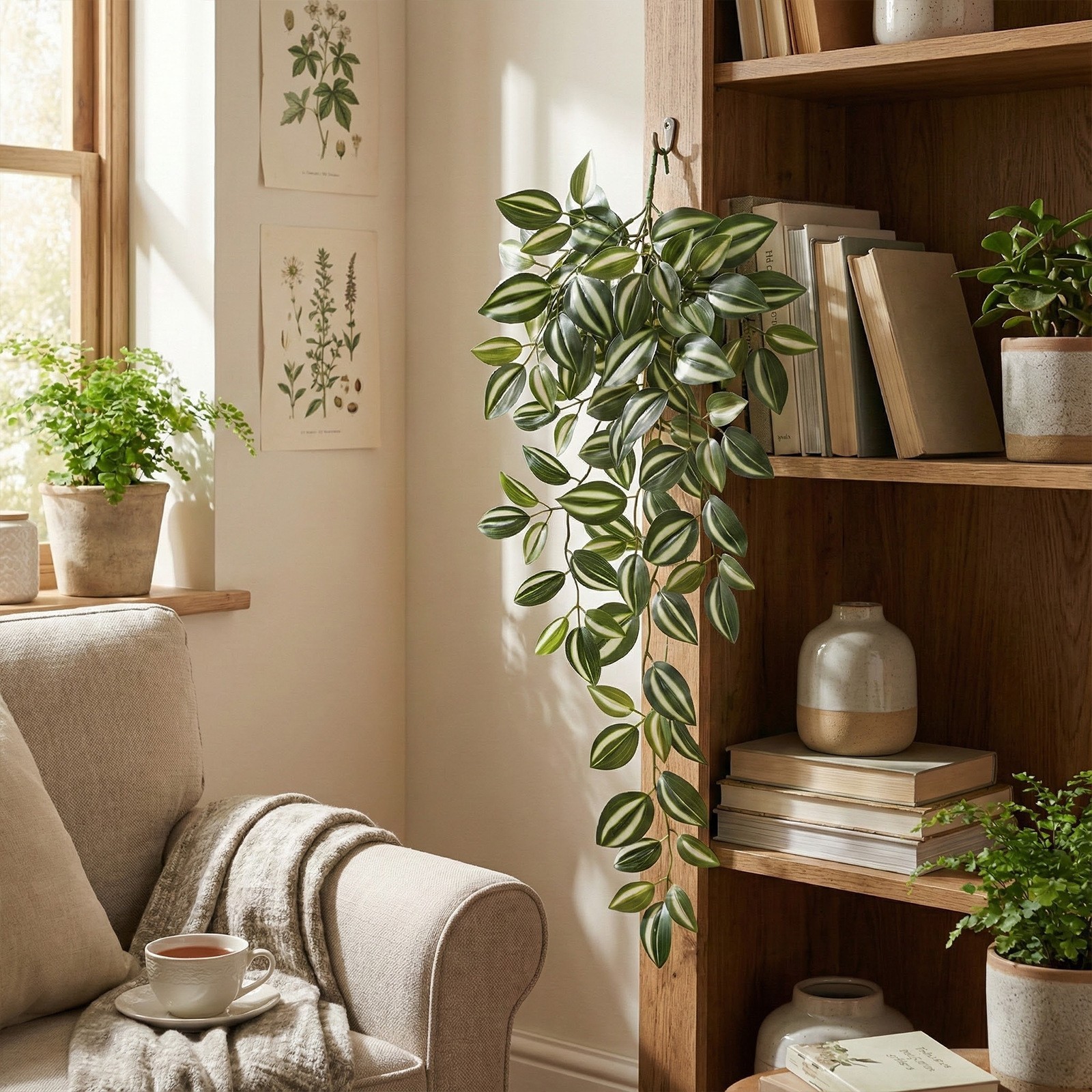 Green Silk Peperomia Hanging Plant 21.65in Realistic Artificial Ivy Vine Decor
