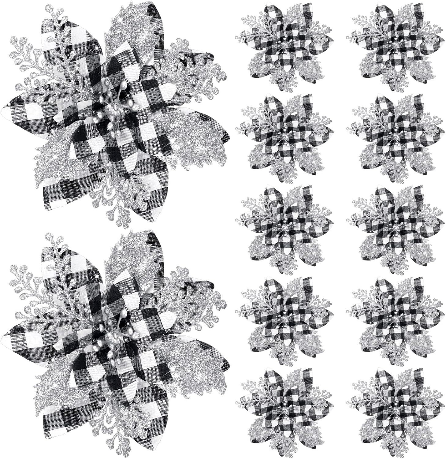 Chic Black & White Buffalo Glitter Poinsettias – 12 Decorative Clips Included