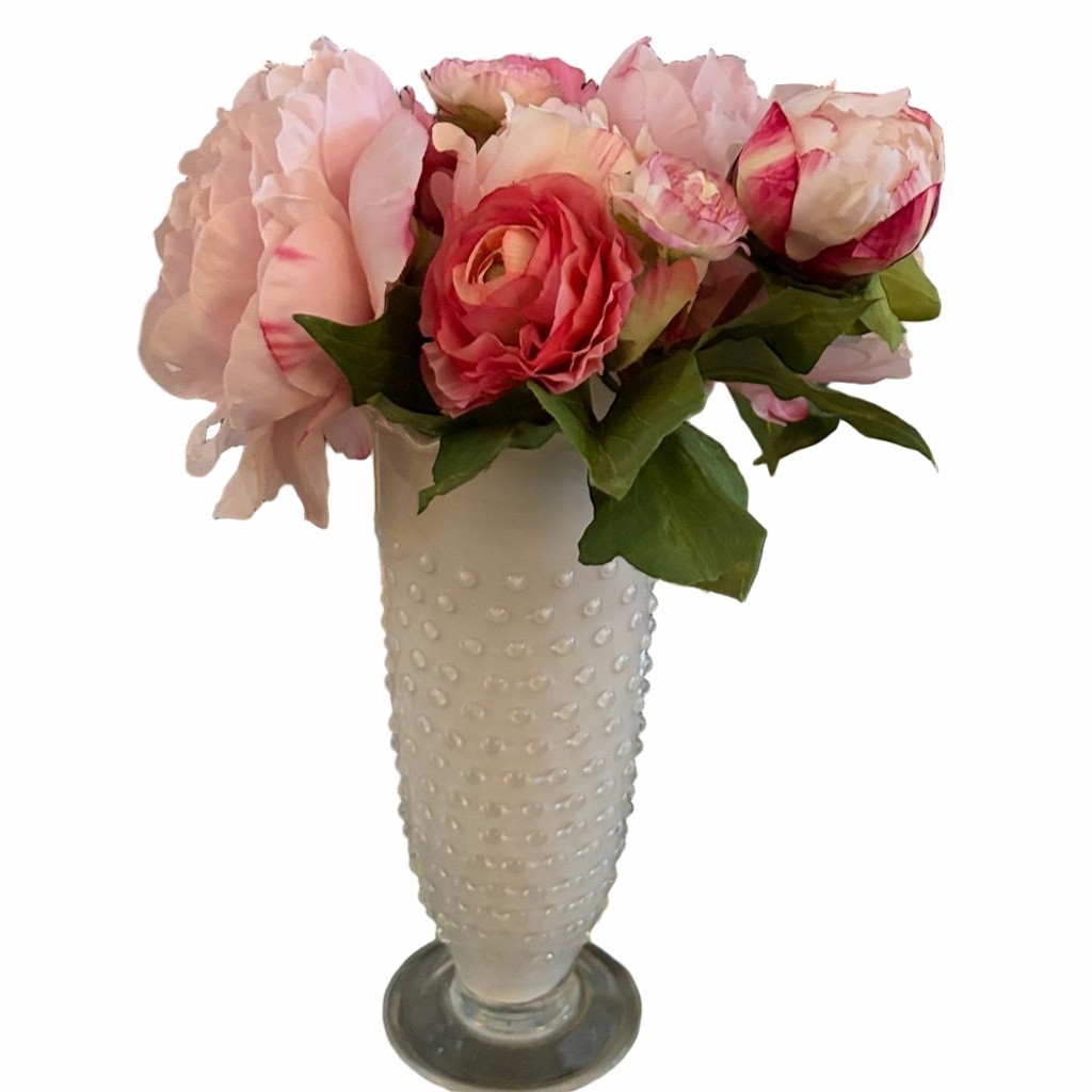 Shabby chic Vintage Glass hobnail vase ruffled edge WITH pink peony arrangement.