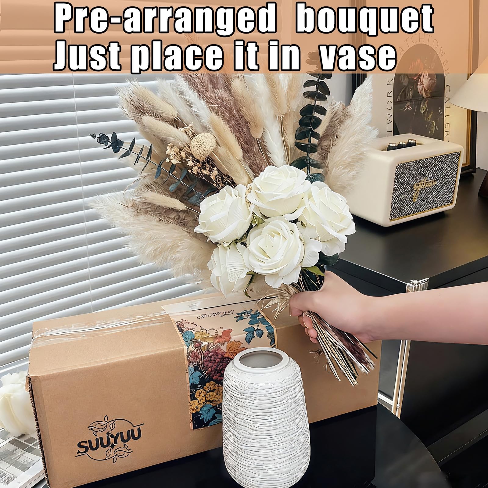 100pcs Dried Pampas Grass with Vase, Includes Artificial Silk Roses, Boho Nat…