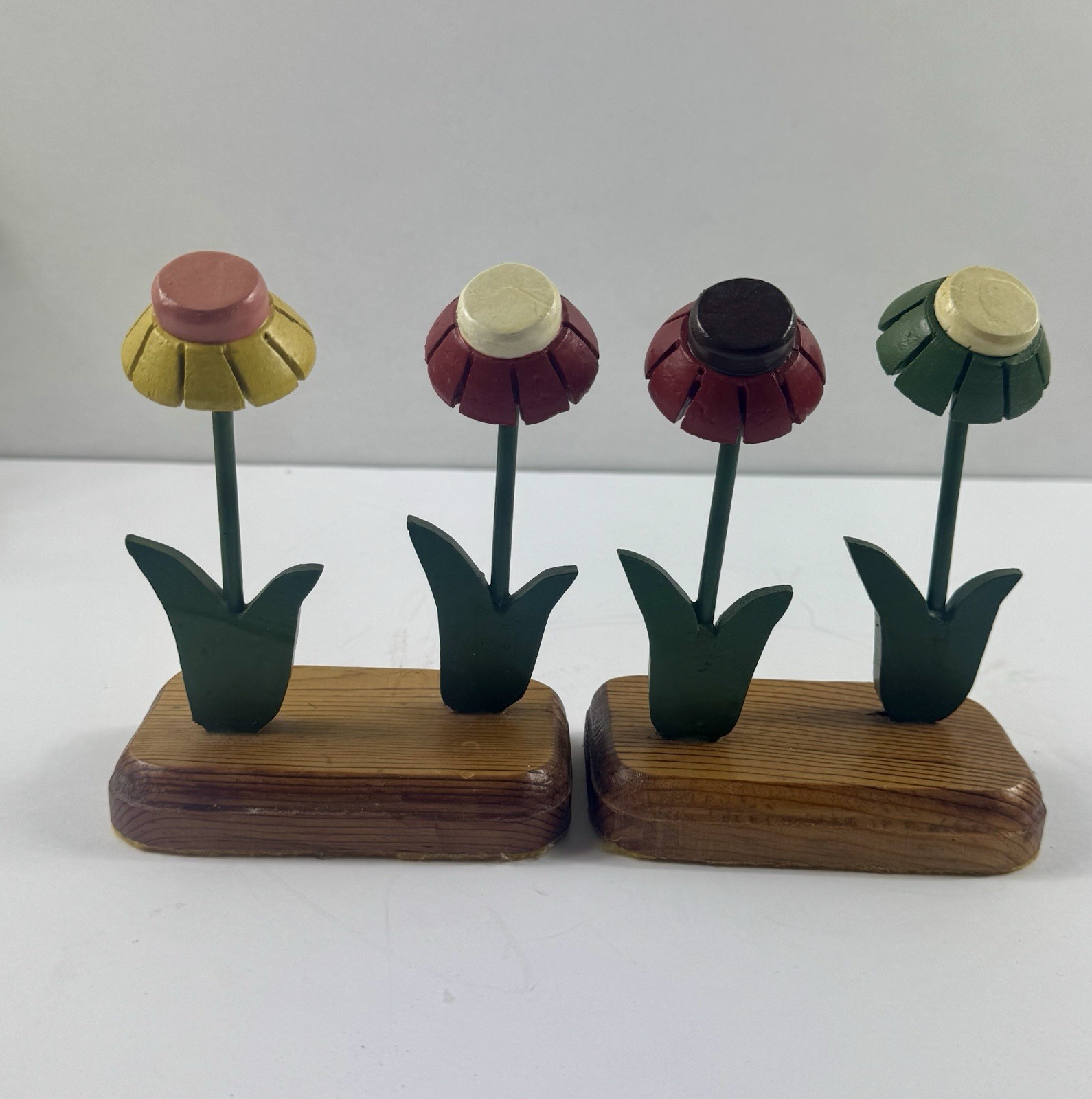 Vintage Wooden Flower Figurines Set x 2 Hand Painted Folk Art Floral Shelf Decor