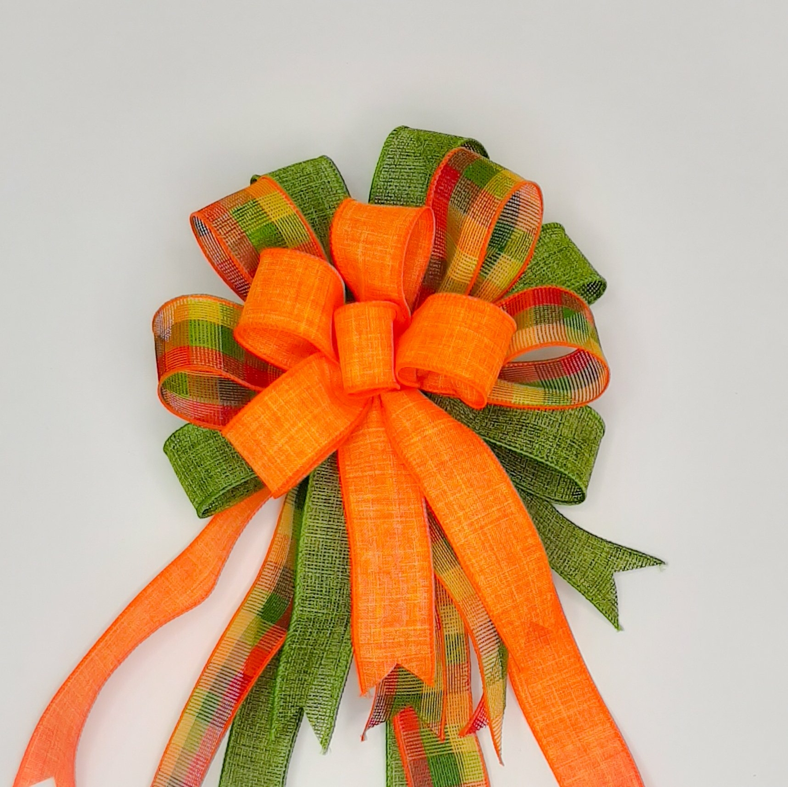 Wreath Bow, Fall, Plaid with Orange and Moss Green