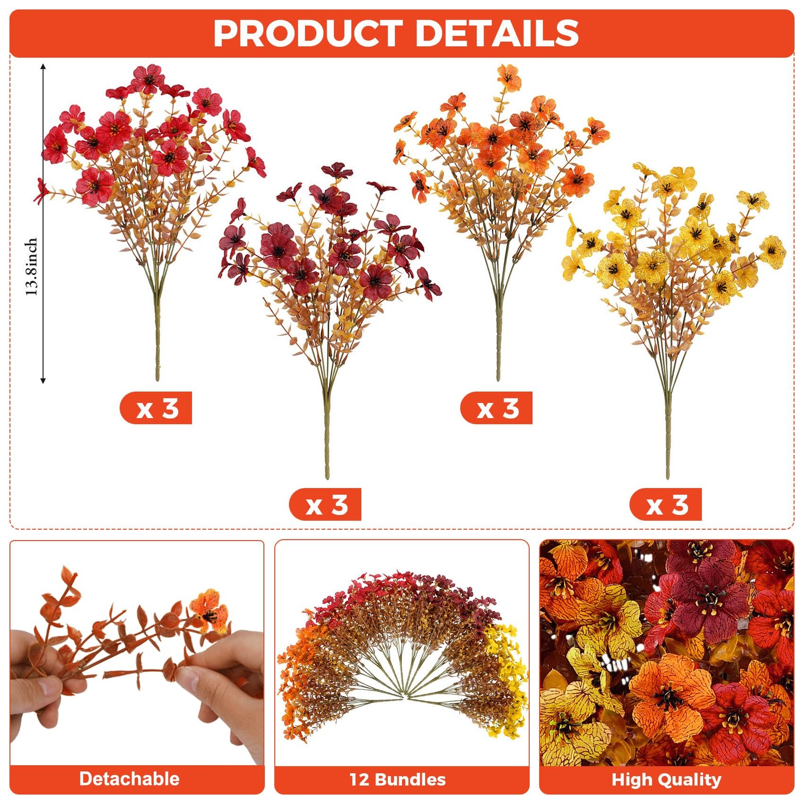 Artificial Fall Flowers for Outdoors Decoration, 12 Bundles Fake Mums Silk Da…
