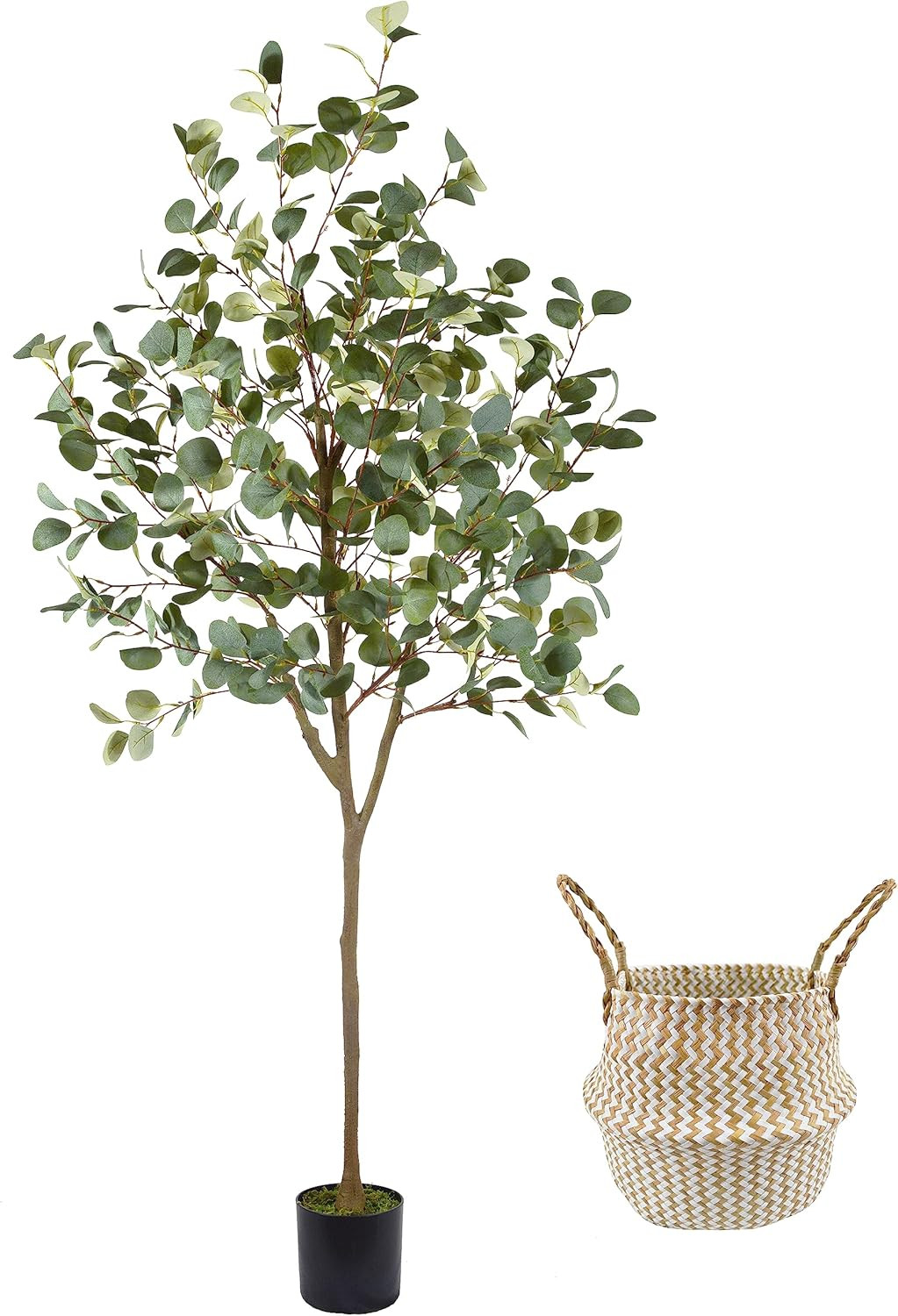 6Ft Artificial Eucalyptus Tree with Basket – Faux Green Silk Leaves Decor