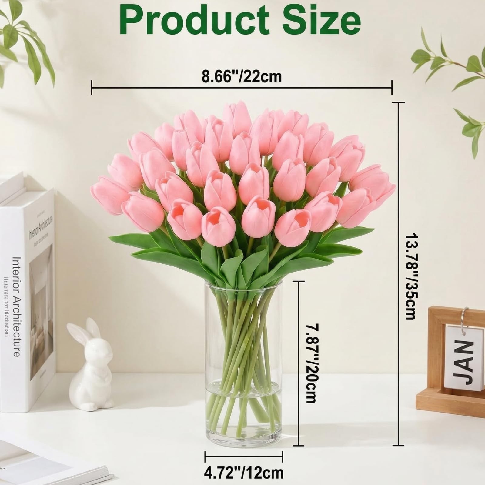 30 PCS Pink Artificial Tulip With Clear Vase Faux Bouquet Floral Centerpiece