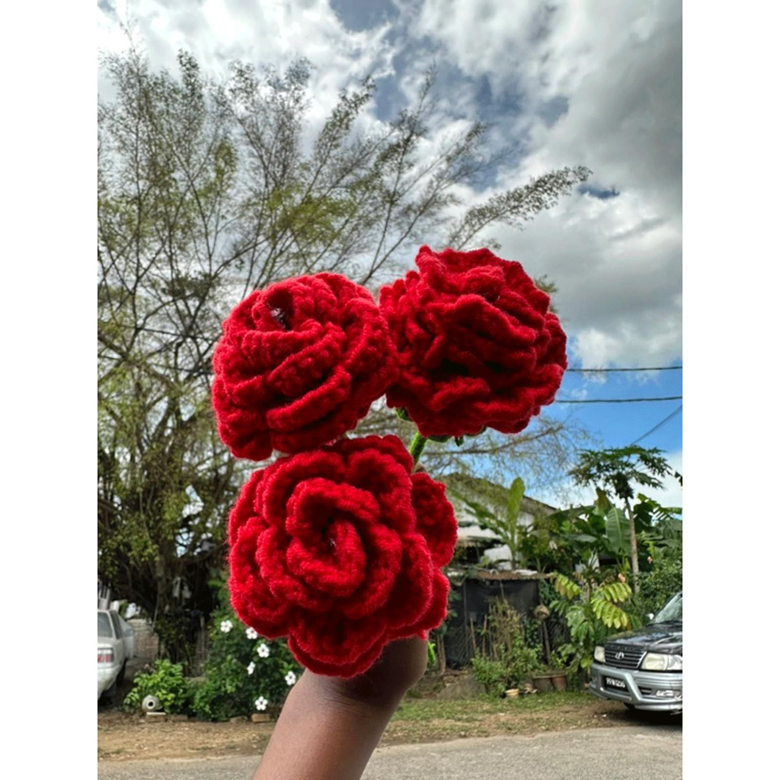3PCS Crochet Rose Bouquet Hand Knitted Flower Gift Valentine Mothers Day