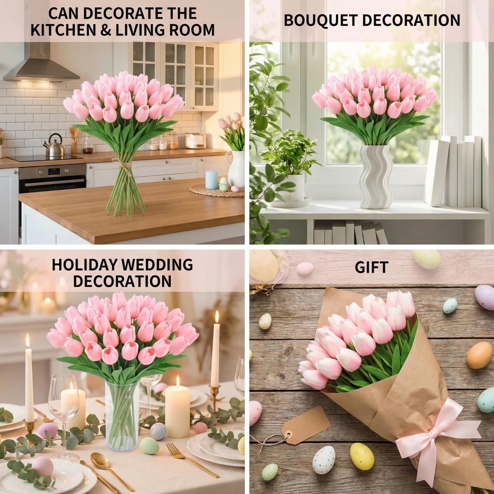 30 PCS Pink Artificial Tulip With Clear Vase Faux Bouquet Floral Centerpiece