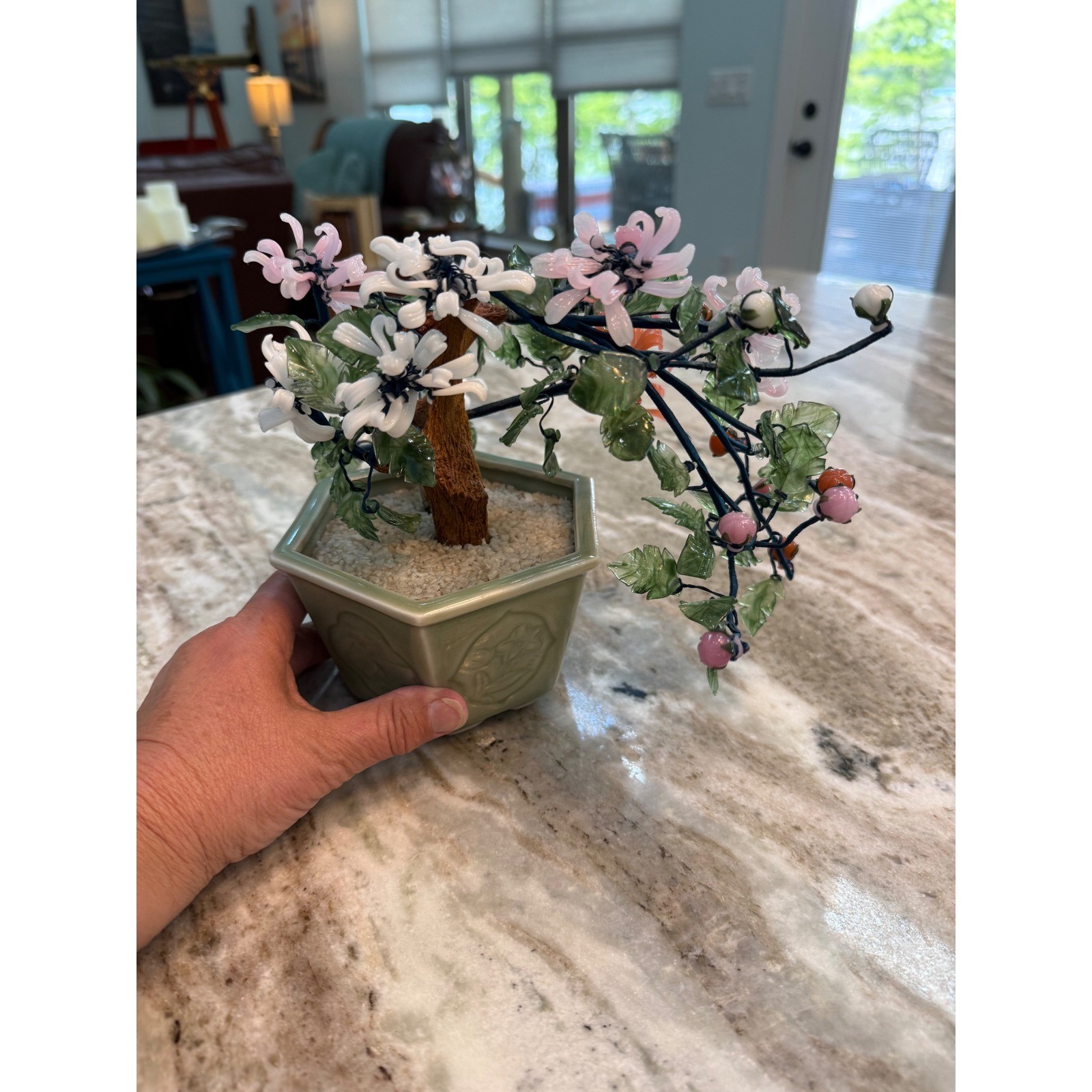 Vintage Chinese Glass Bonsai Tree Pink White Orange Flowers Celadon Pot 10″