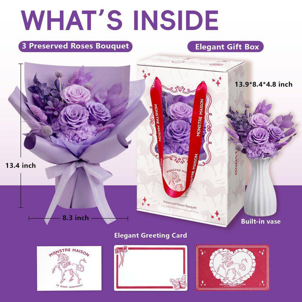 13.4 In. Purple Artificial Preserved Rose Bouquet-Includes Gift Box and Greeting