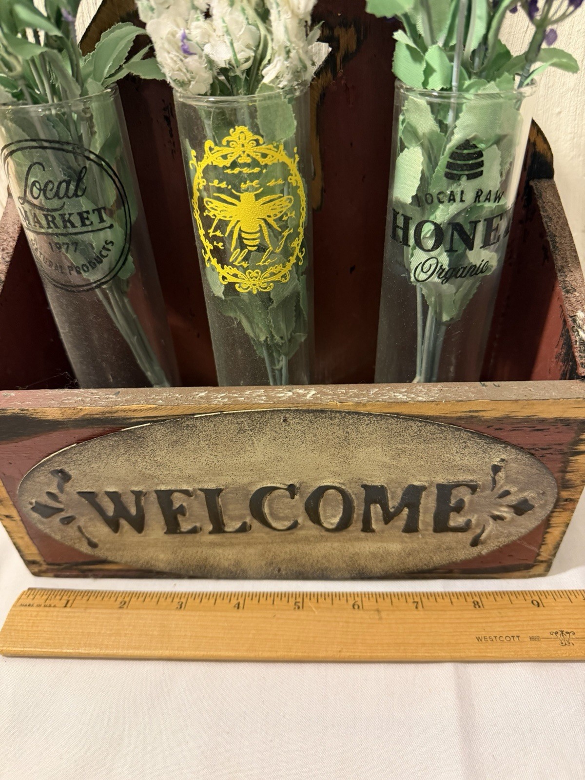 Welcome Spring Artificial Lavender Flowers Wooden Box Glass Set 3
