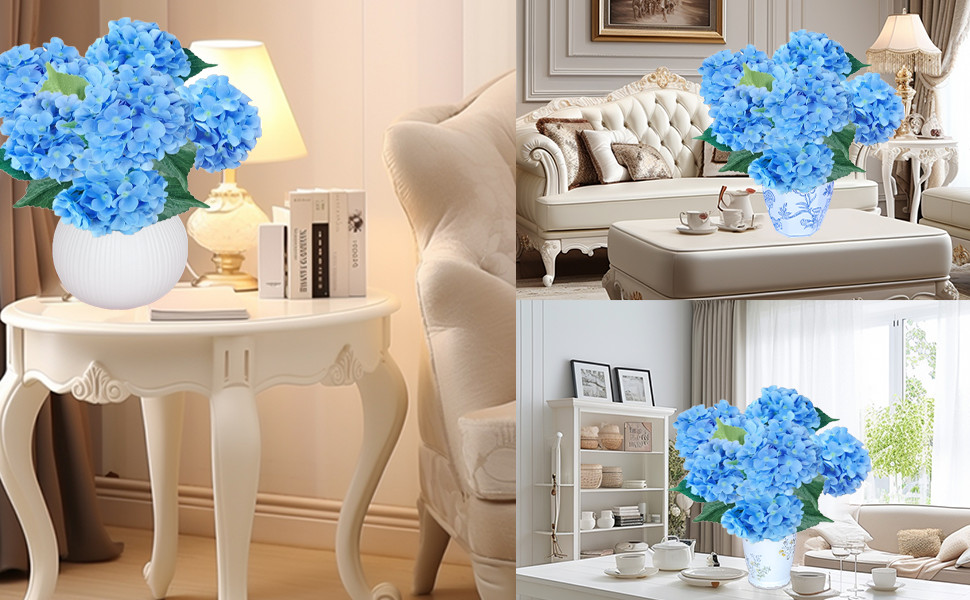 6PCS Premium Blue Silk Hydrangea Artificial Flowers Bouquets – Realistic Fake