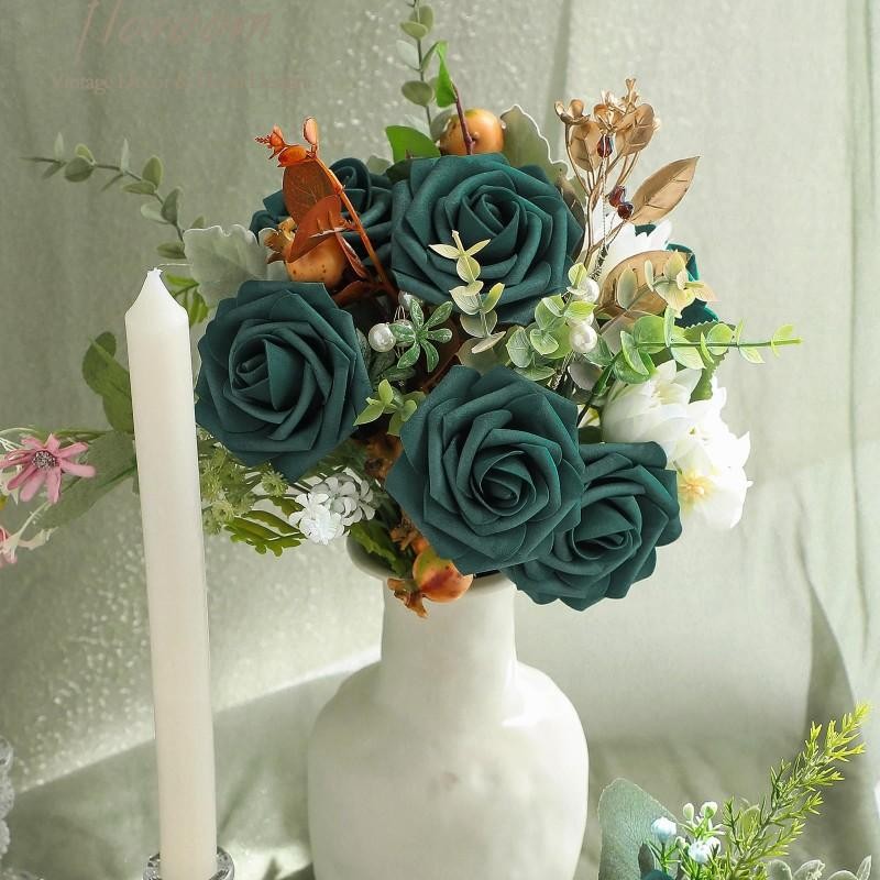 25pcs Dark Teal Foam Roses with Stems Artificial Flowers for Diy Wedding Decor