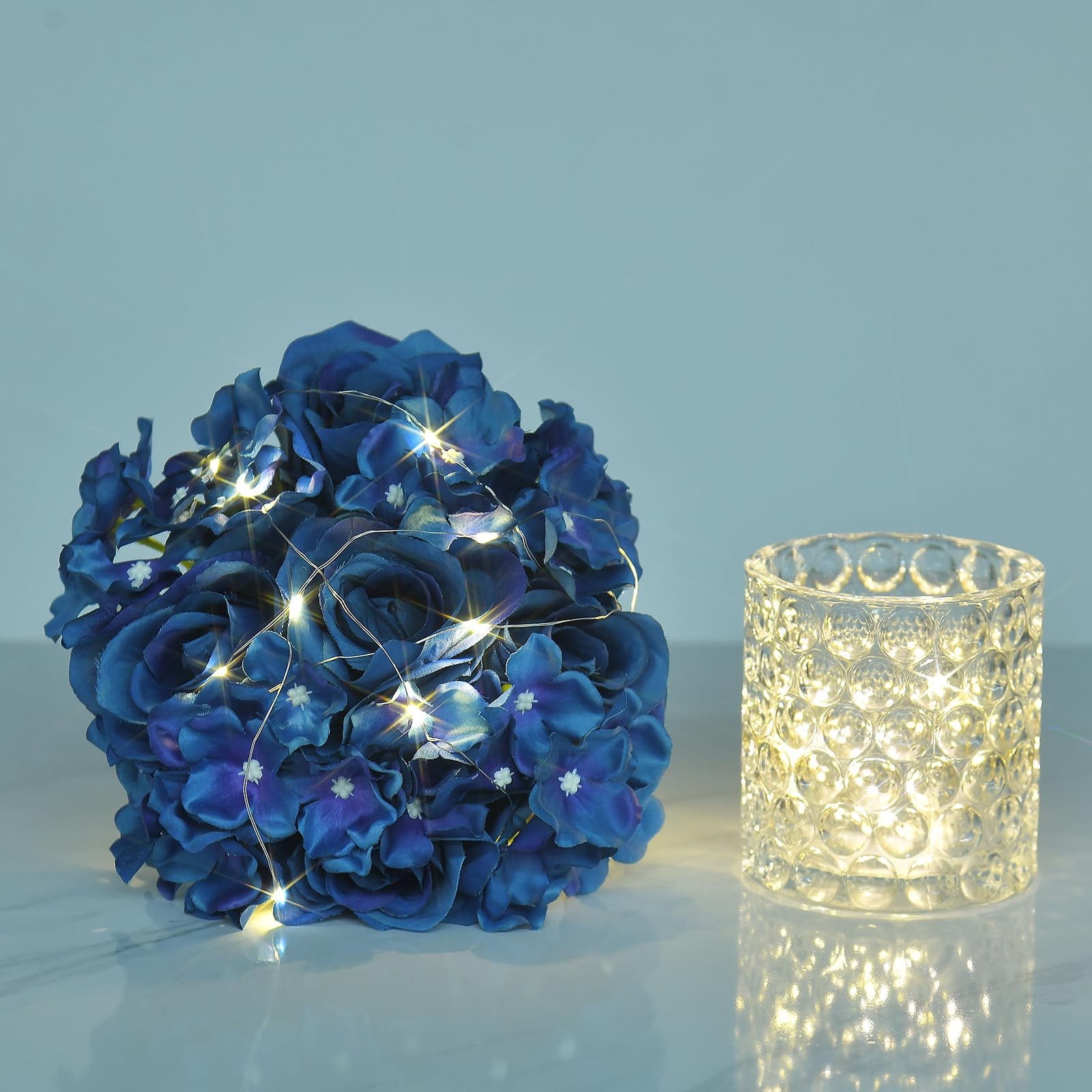 Rose Silk Flower Arrangement Artificial Vivid Rose in Glass Vase with LED Lig…