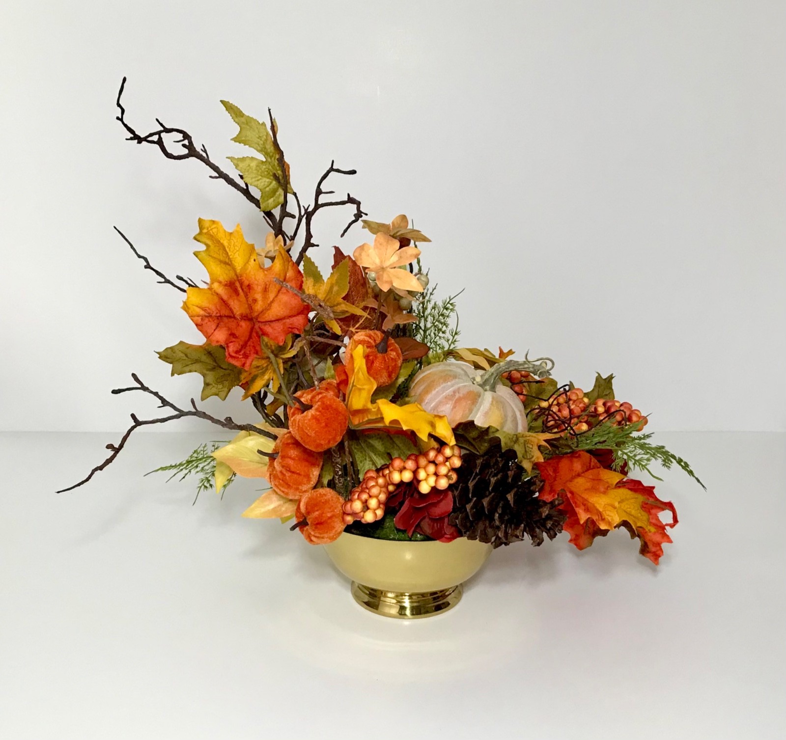 MODERN FALL HARVEST ARRANGEMENT BRASS CONTAINER THANKSGIVING CENTERPIECE TABLE