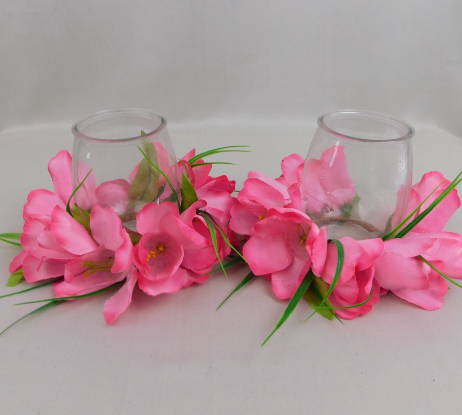 2pc Pink Tulip Floral Spring/Easter Centerpieces Glass Votive Vase #C470