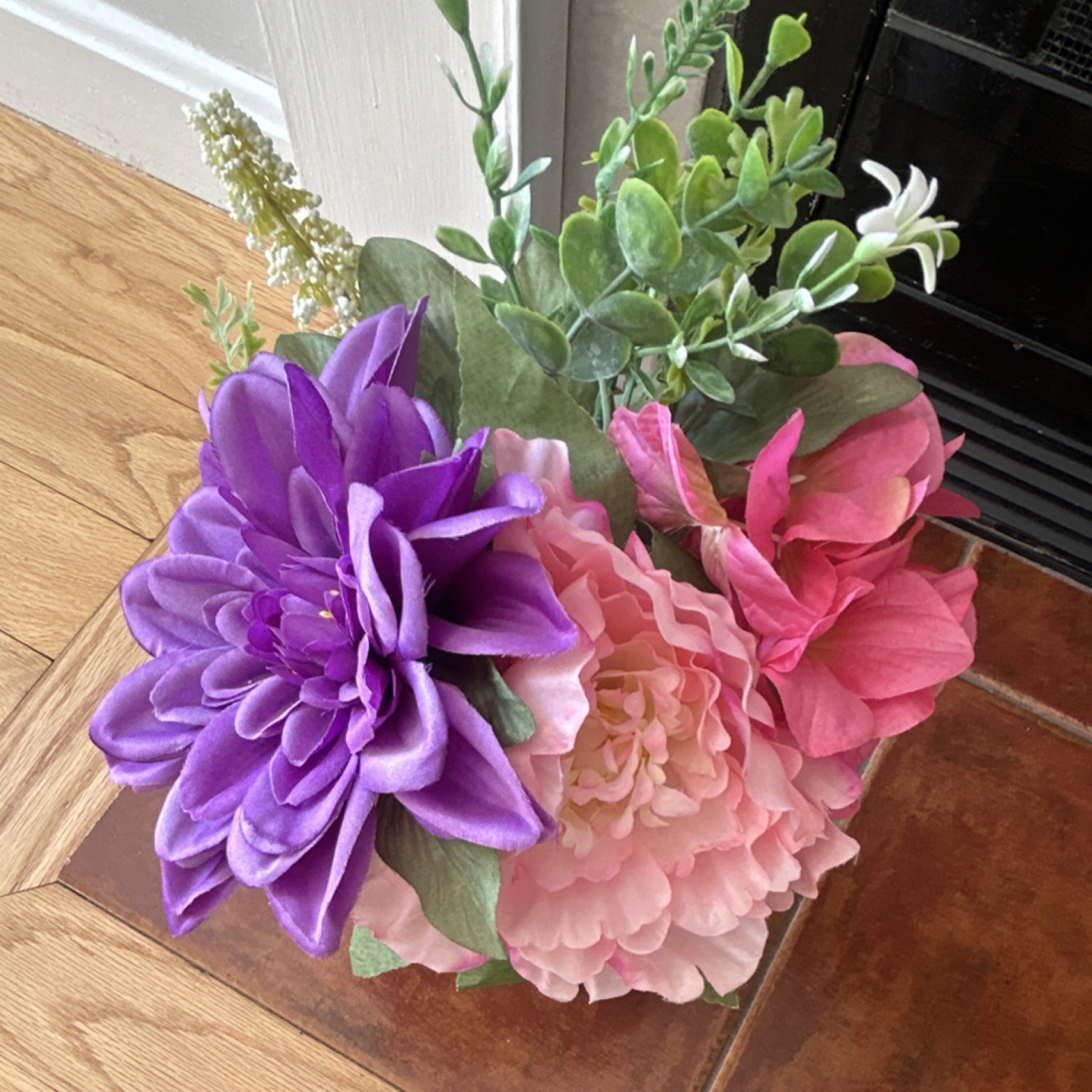 Artificial Dahlia & Peony Flower Arrangement in White Pot with Wooden Stand