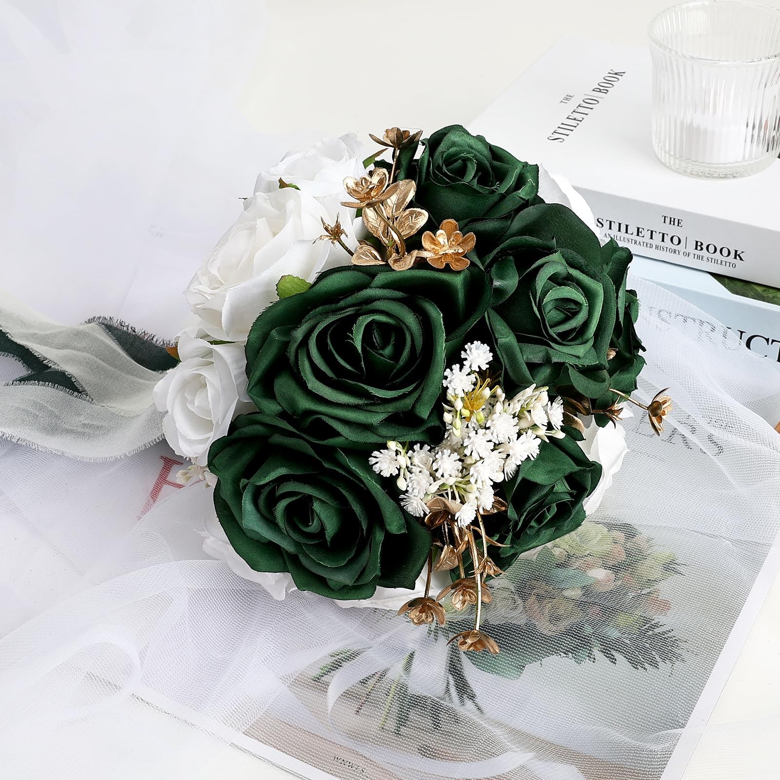 Emerald Green Gold White Wedding Bouquet For Bride Artificial Roses Flowers
