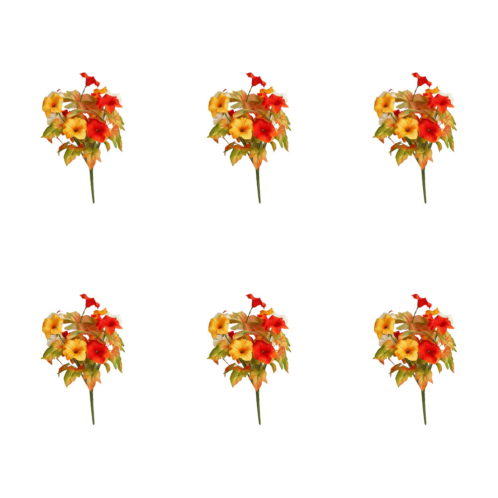 Artificial Petunias 17in Orange Yellow 6 Pack Sturdy Plastomer for Garden Decor