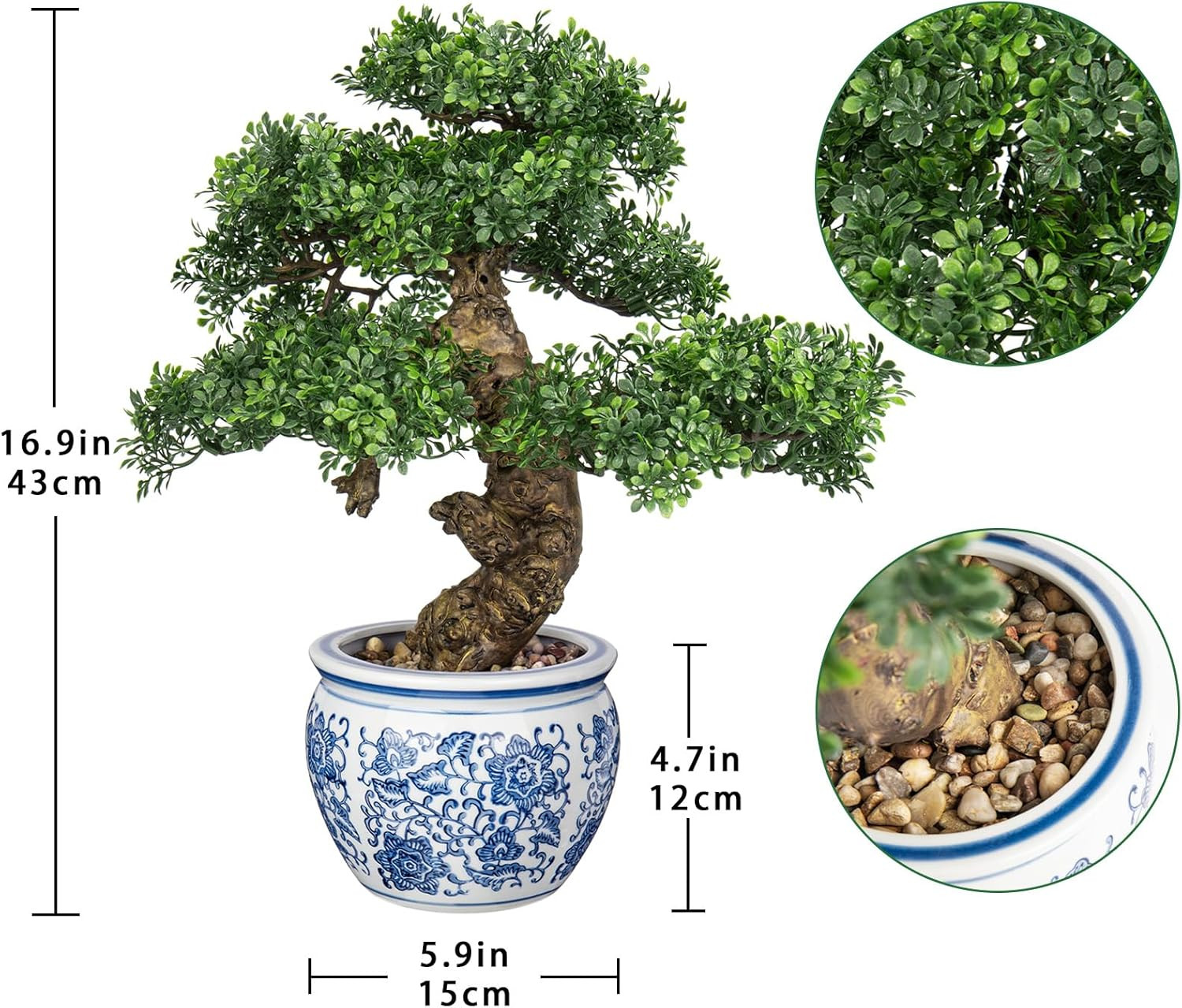 Fake Bonsai Tree Bonsai Plant 17” Tall Artificial Bonsai Trees with Blue and Whi