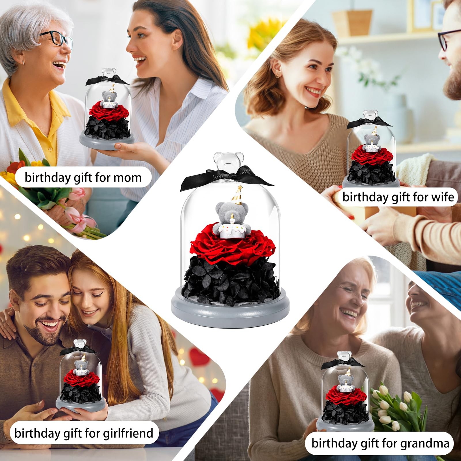 JoyFlower Preserved Flower Birthday Gift for Women, Red Preserved Rose Bear in
