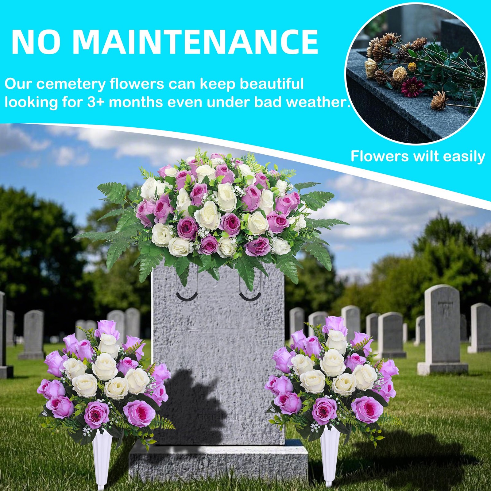 Artificial Cemetery Flower Saddles, Cemetery Memorial Flowers with Vase,Outdo…