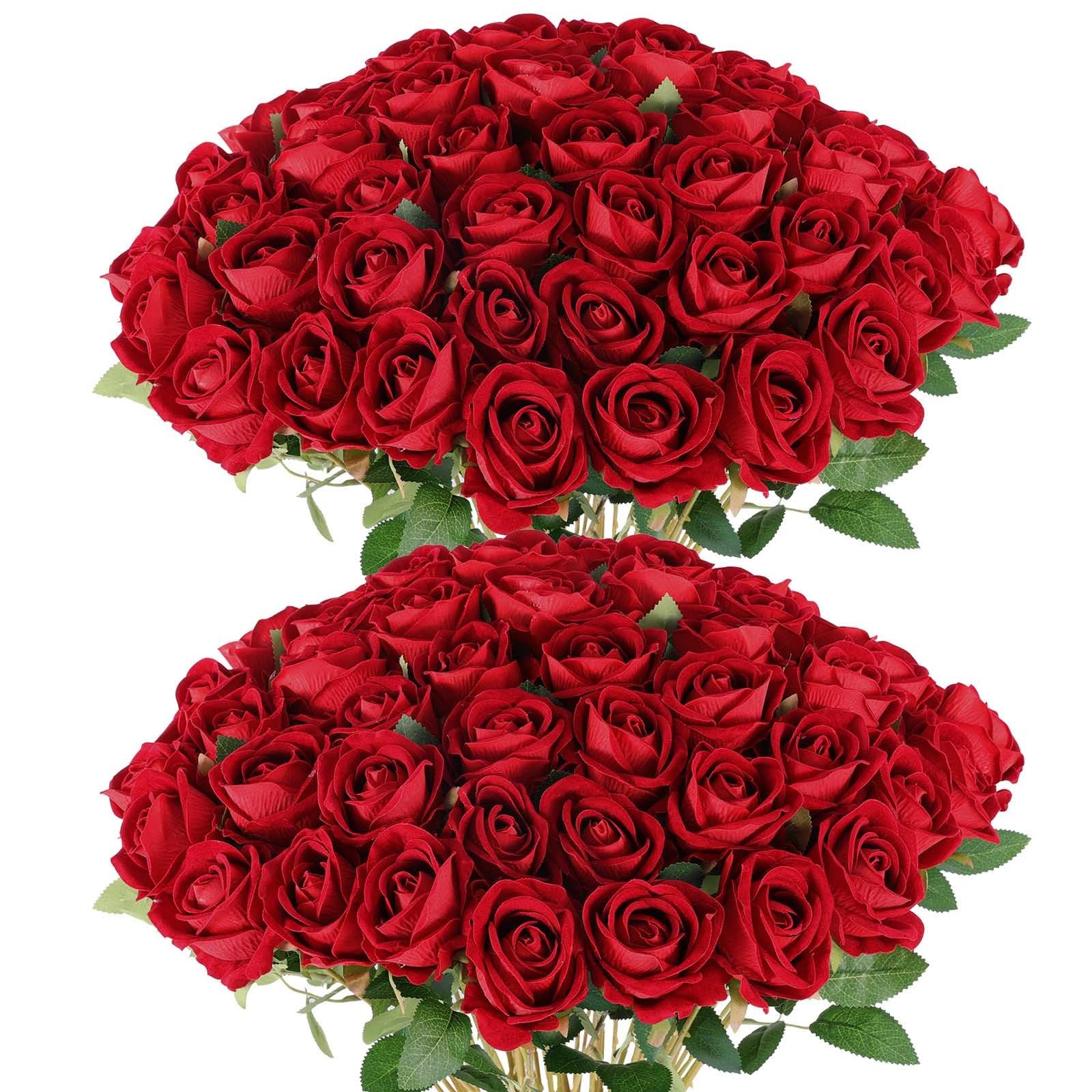 50 Artificial Roses in Bulk, Fake Velvet Silk Burgundy Roses Realistic Red Ro…