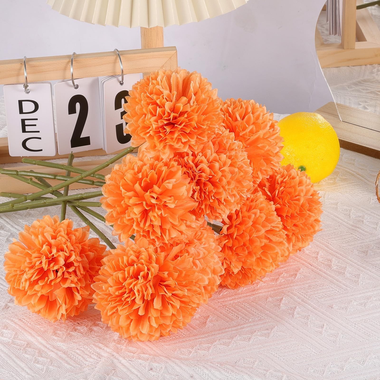 12 PCS Orange Artificial Chrysanthemums Fall Flowers Silk Marigolds Mums