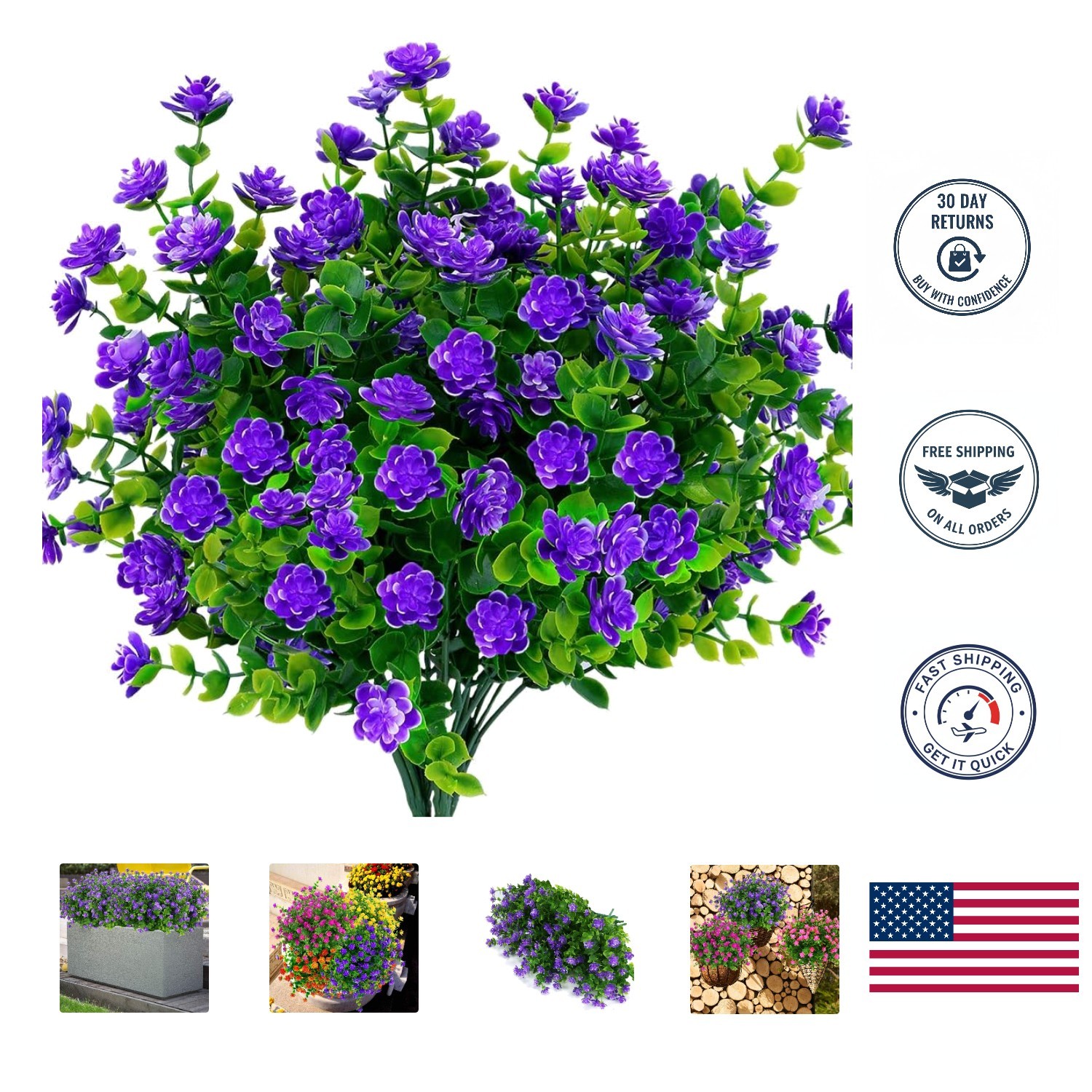 Vibrant Purple Plastic Greenery – 4 UV Resistant Faux Plants for Any Occasion
