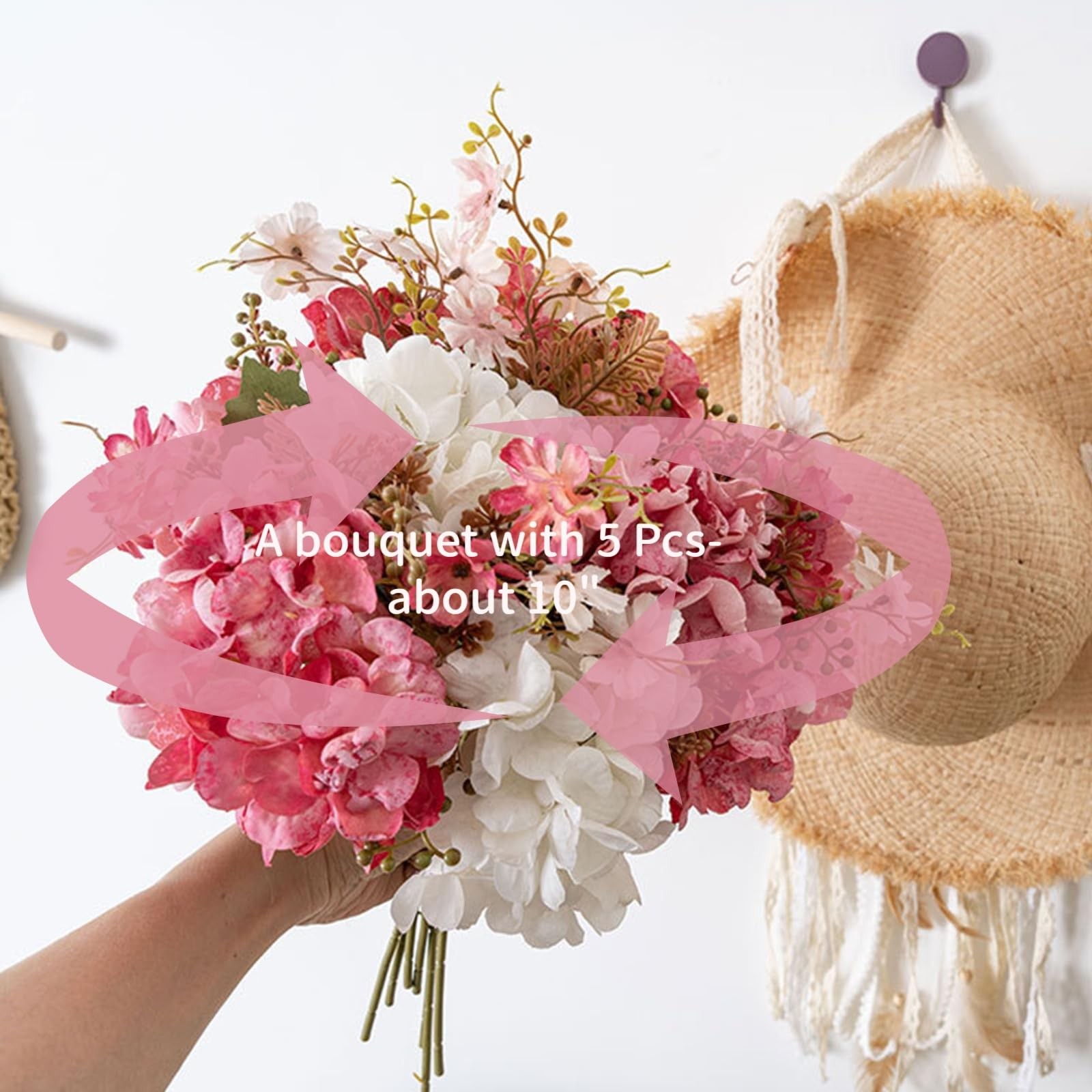 Set of 5-Stems Faux Hydrangea Silk Bouquet 13″ Tall with 10-inch Bloom Cluste…