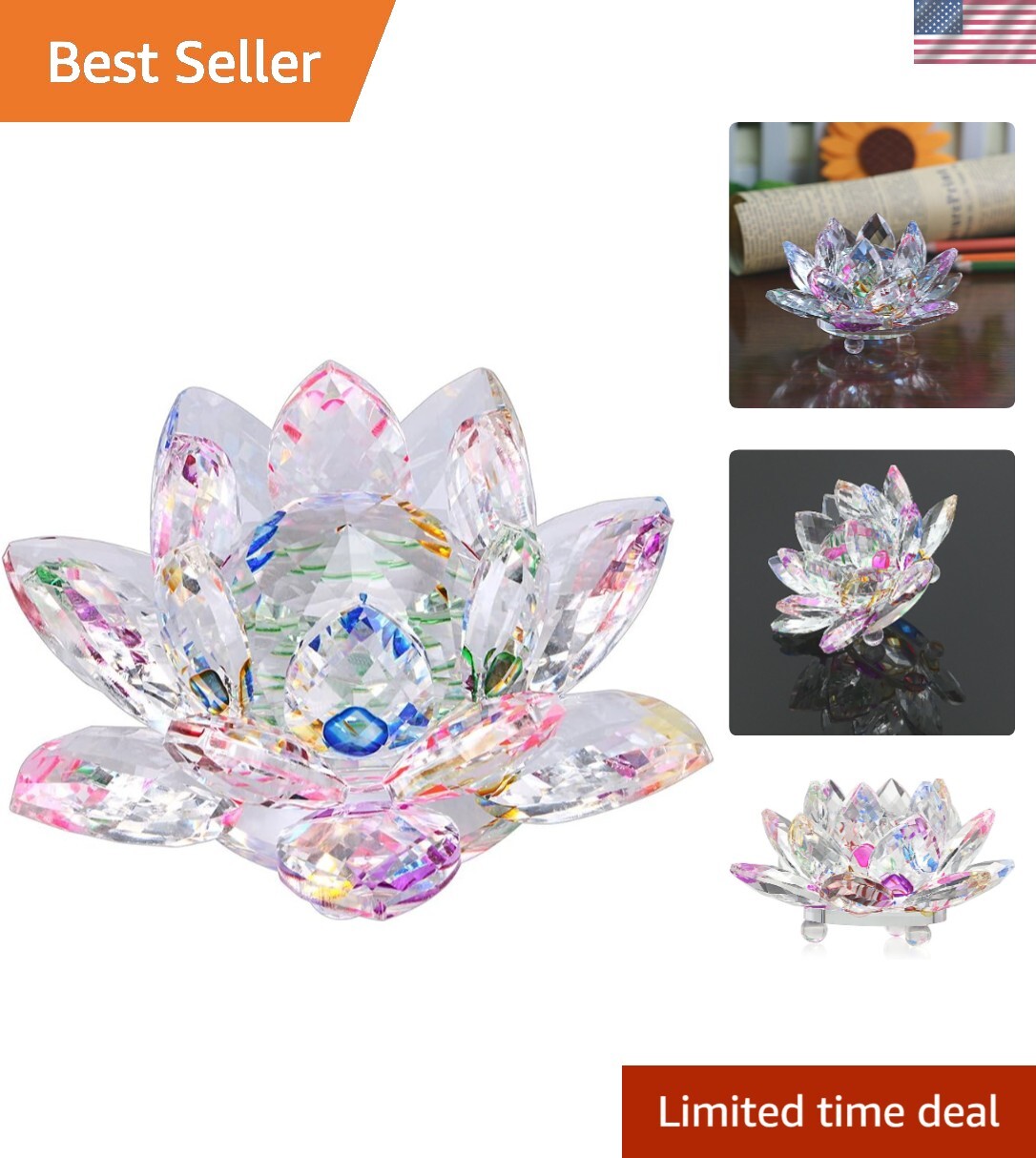 Sparkling Crystal Lotus Flower Sun Catcher – 3″ Multicolor Feng Shui Decor