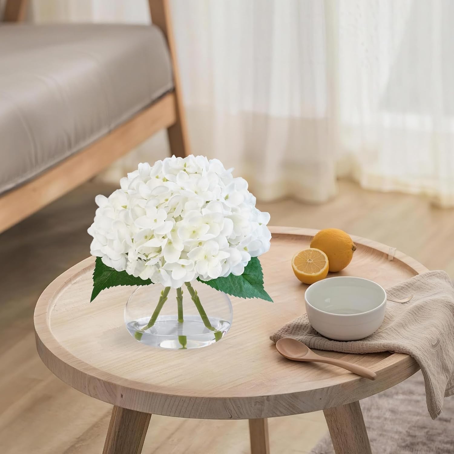 Artificial White Hydrangea Flower Arrangement in Glass Vase with Faux Water