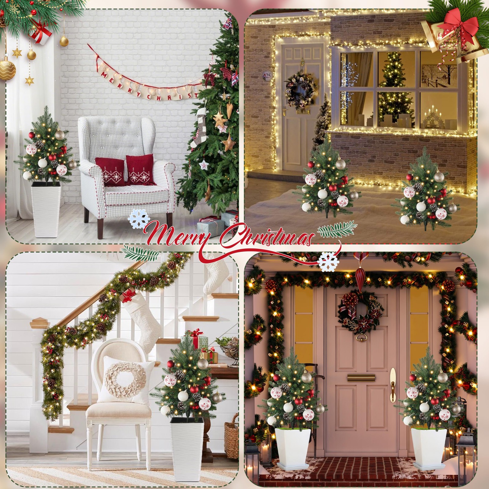 27 Set of 2 Artificial Outdoor Christmas Trees with 60 LED Lights, Faux Xmas Tre