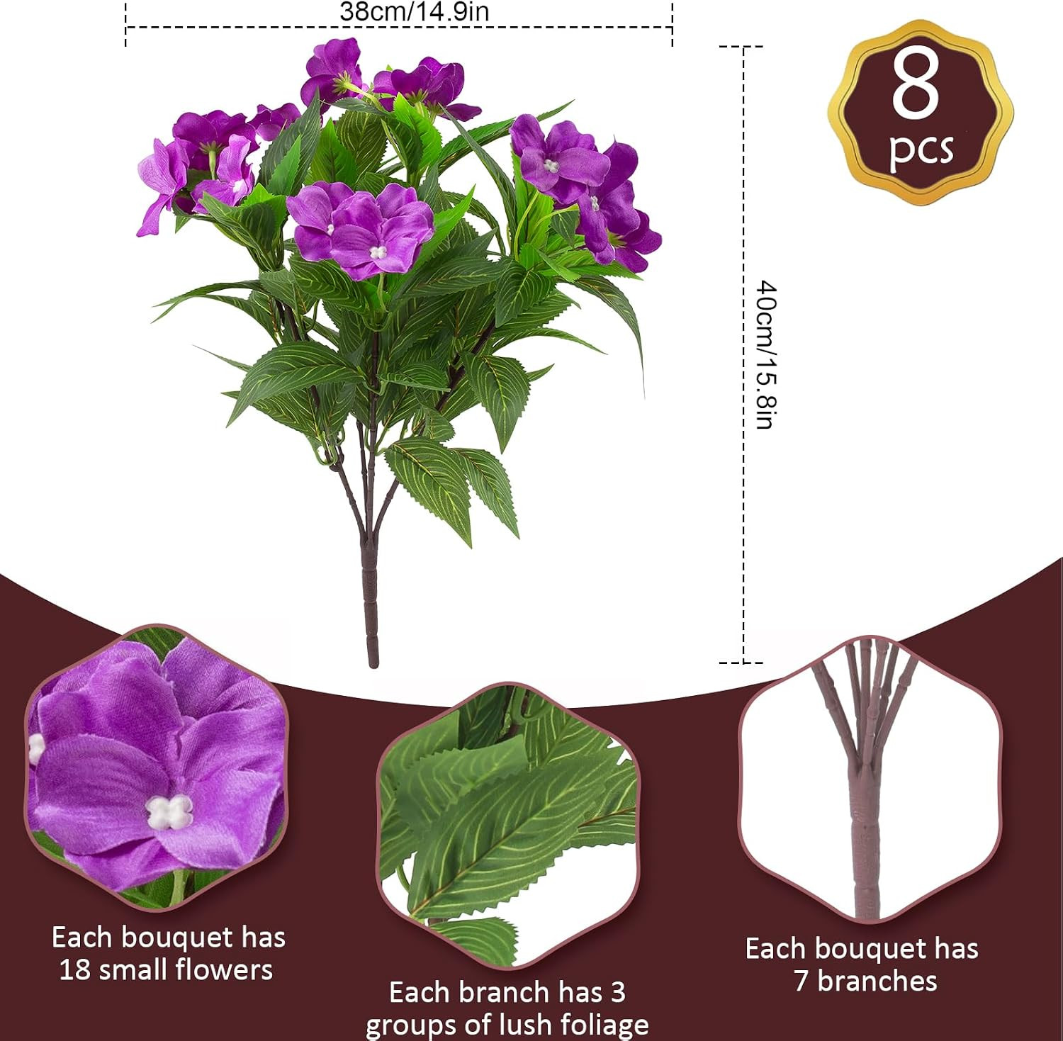 8 Pcs UV Resistant Purple Artificial Impatiens Flowers for Outdoor Decor