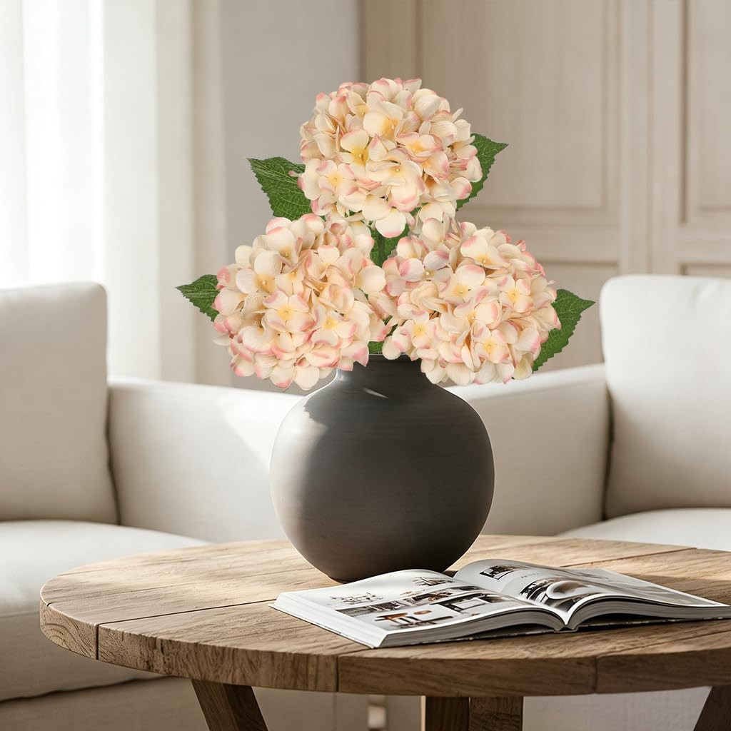 3Pcs Beige Hydrangea Artificial Flowers 28.7″ Real Touch Large Faux Silk Hydr…