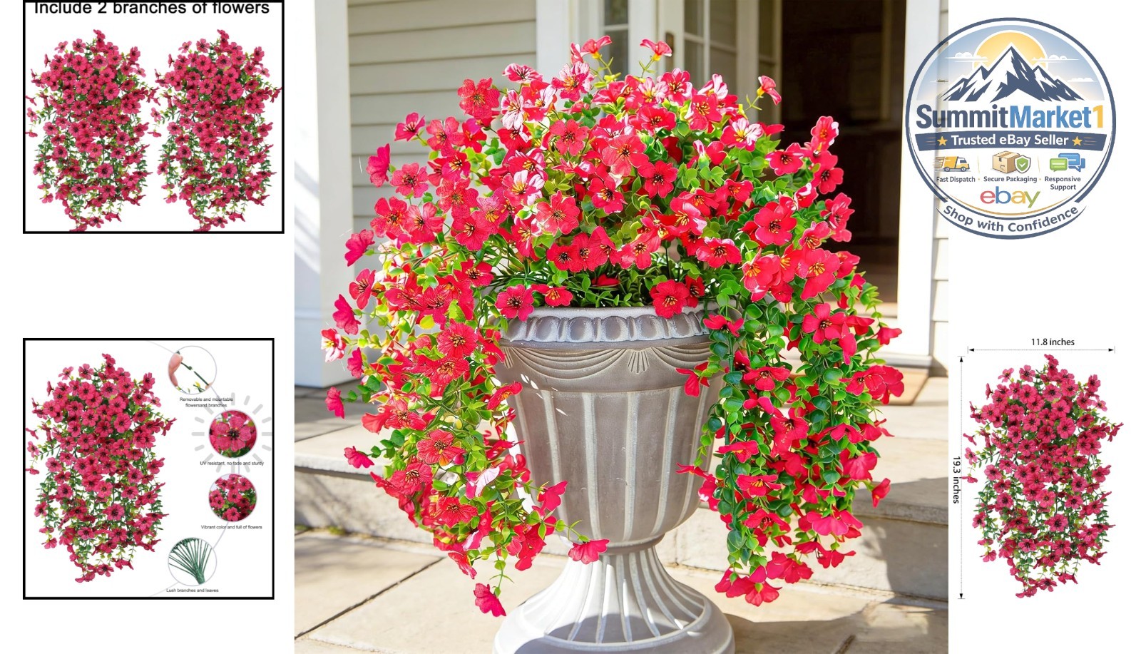 Artificial Flowers Fake Hanging Decoration 2Pcs Hotpink Spring Decor