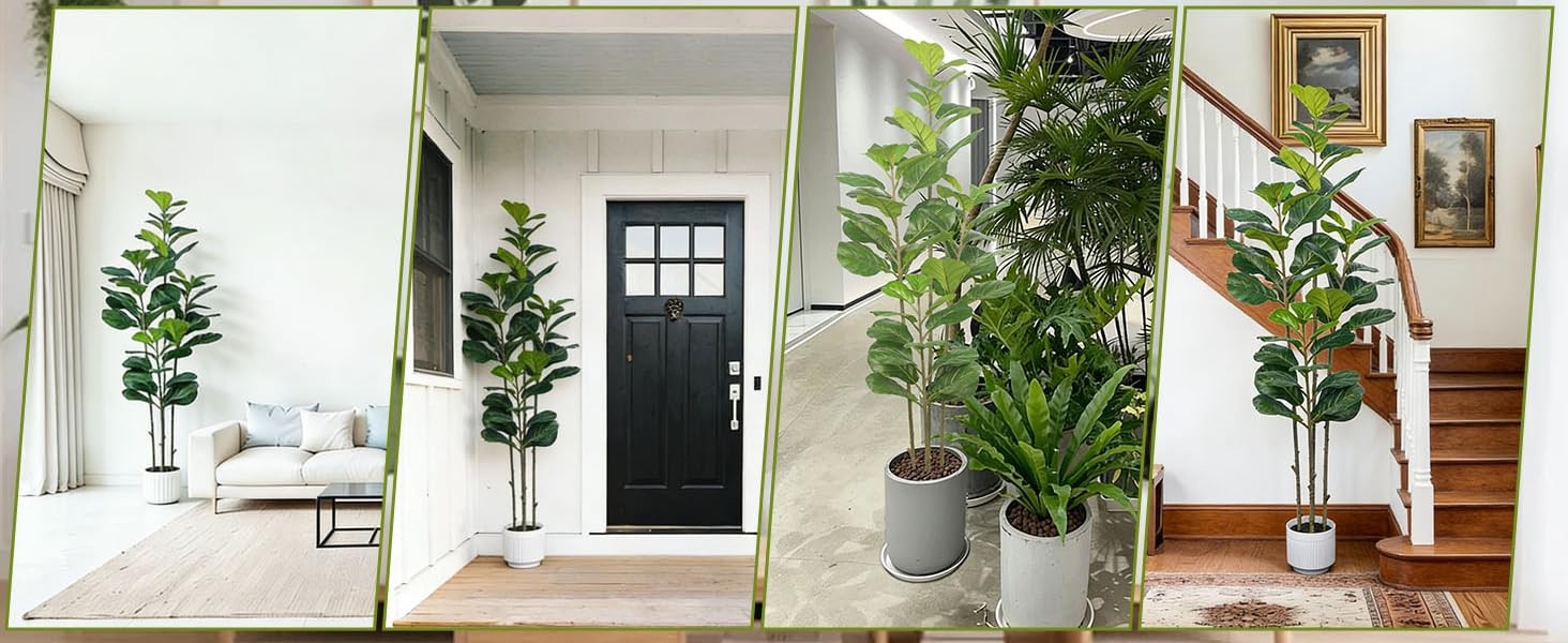 6FT Artificial Fiddle Leaf Fig Tree Four-Trunk, Large Faux Ficus Tree with White