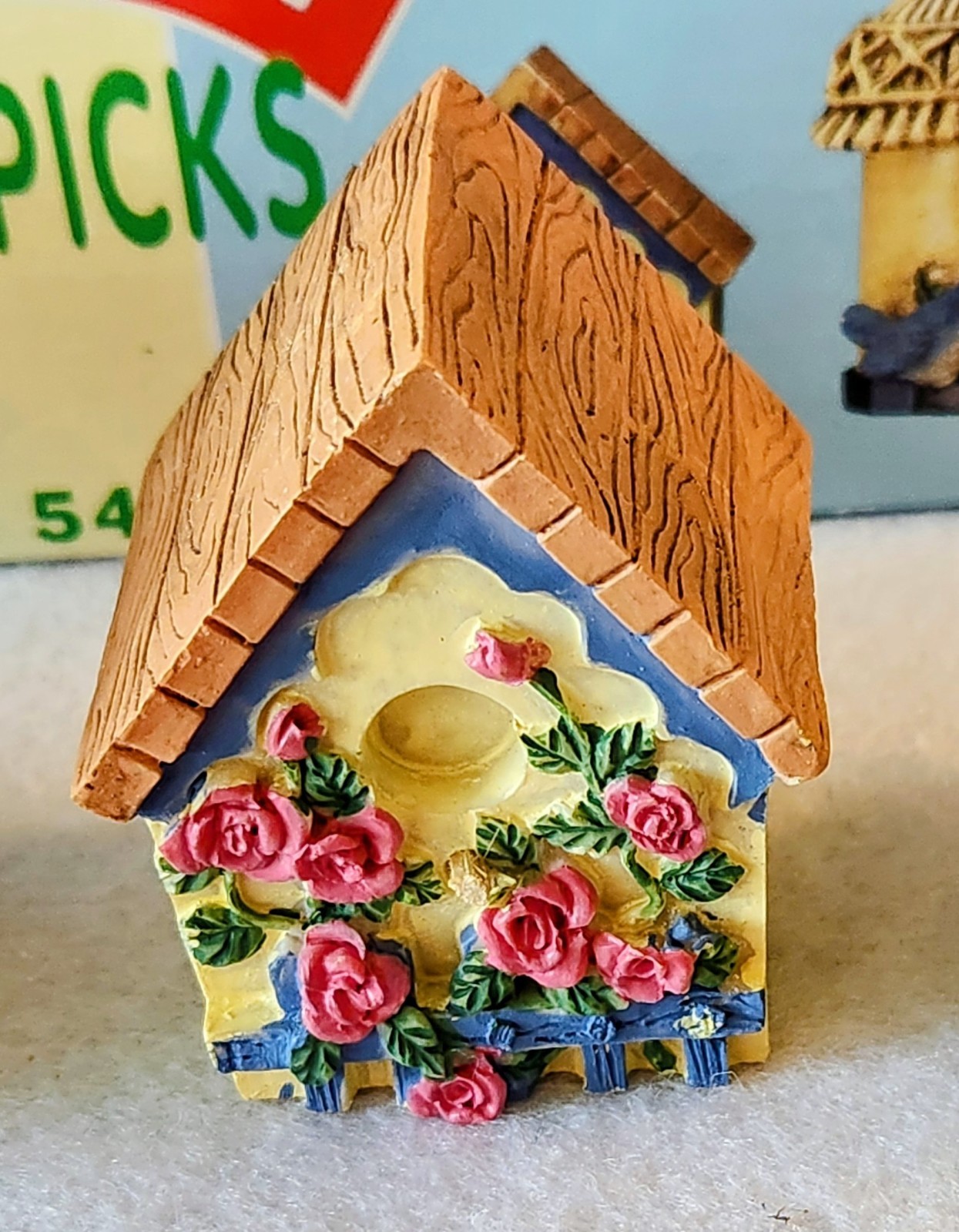 Set Of 4 Small Hand Painted Birdhouses Plant Picks Indoor Country Cottage Decor