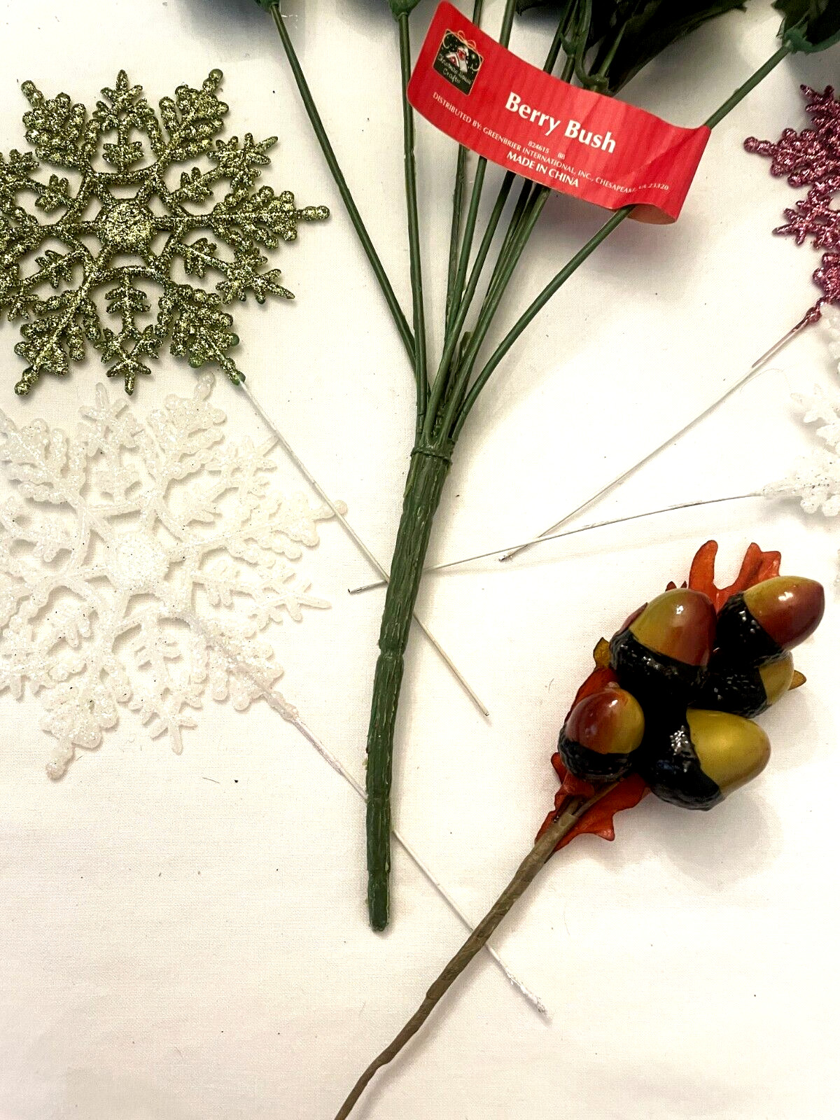 6 Flower Picks Assorted Sizes – Acorn, 4 Glitter Snow Flakes, Red Berry, Vintage