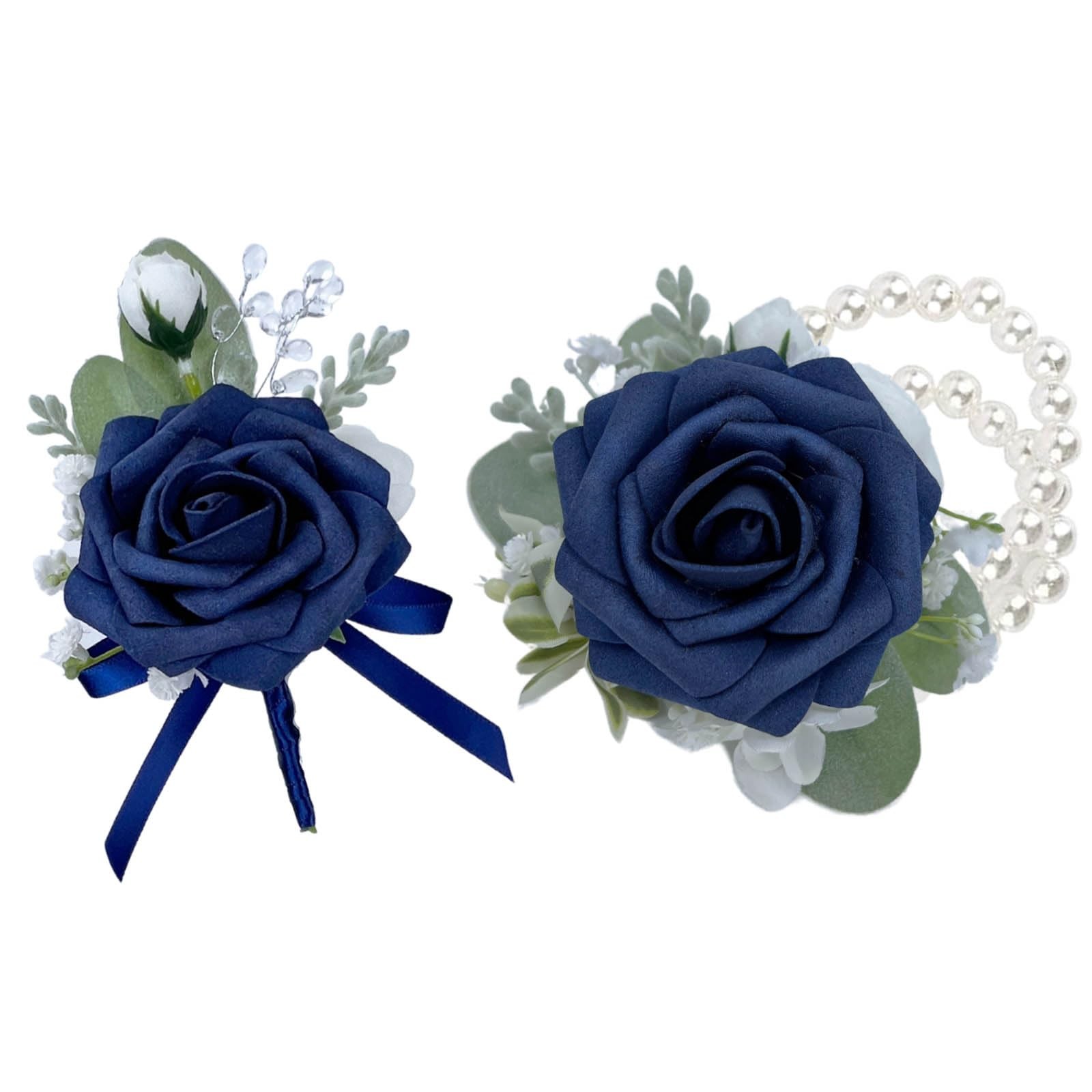 Corsage and Boutonniere Set, Dark Blue Rose Handmade Artificial Flower Wrist …