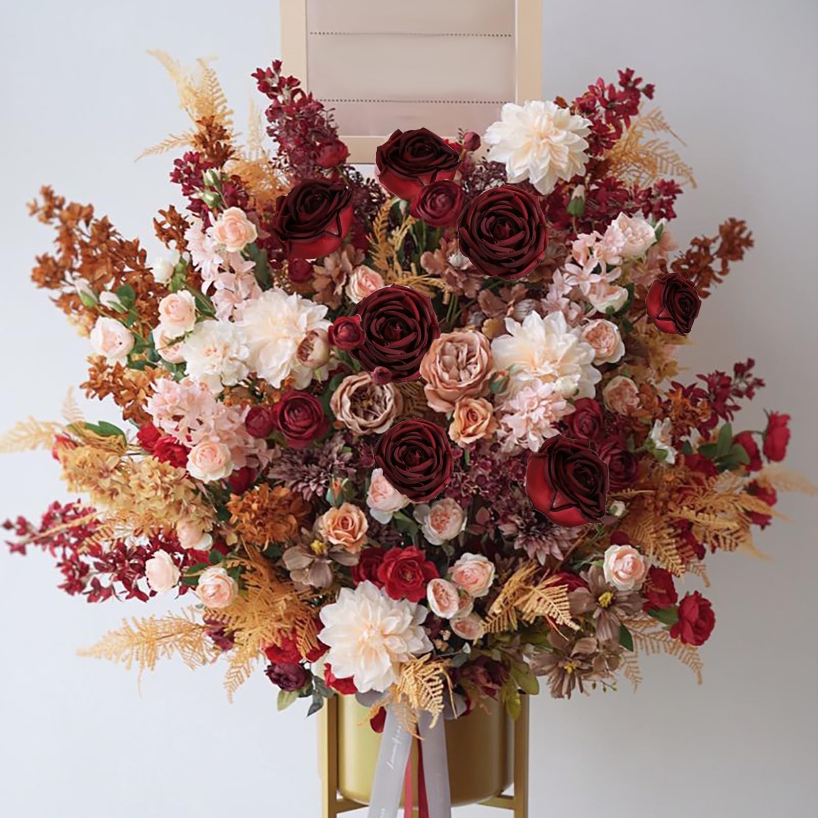 Fake Roses,16PCS Burgundy Flowers Artificial Silk Roses with Stems for Weddin…