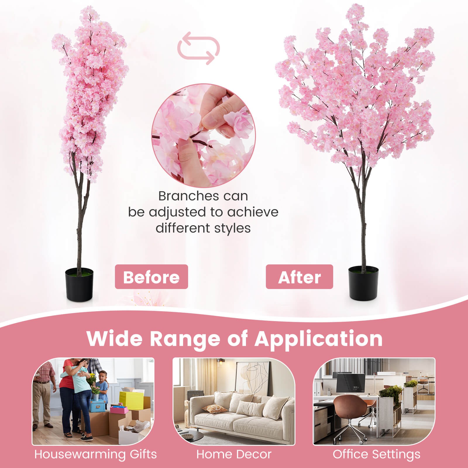 6.5 FT Tall Artificial Cherry Blossom Tree w/ 900 Pink Flowers Cement-filled