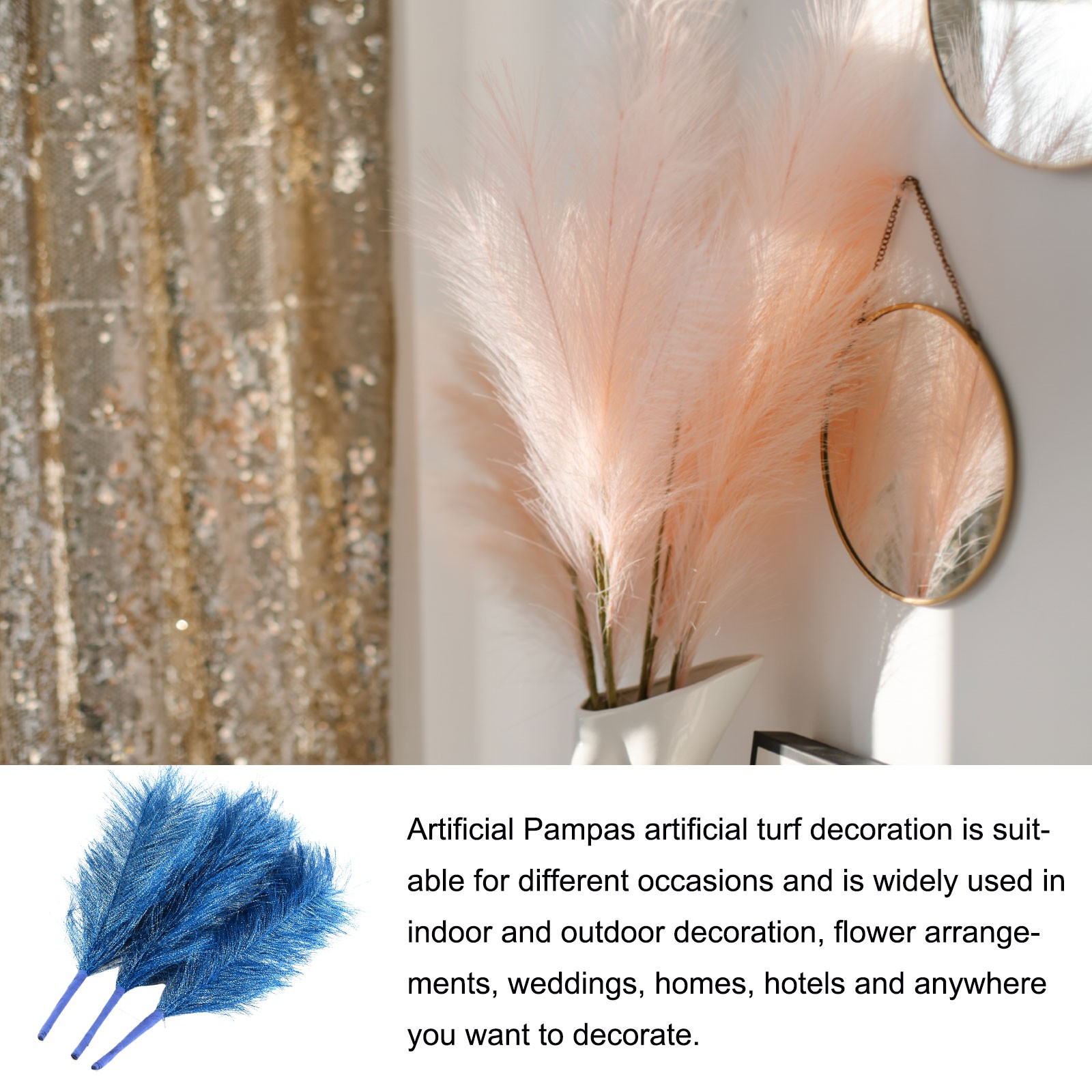 Faux Pampas Grass Fake Pampas Grass Decor, 17.7″/45cm / Dark Blue / 3 Pcs